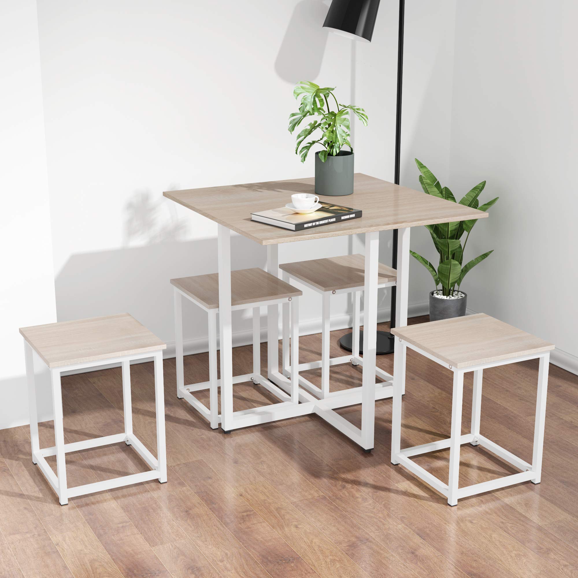 5-Piece Industrial Dining Table Set with 4 Bar Stools - Natural Wood & White Finish - Perfect for Kitchen, Living Room, Bar & Restaurant Decor