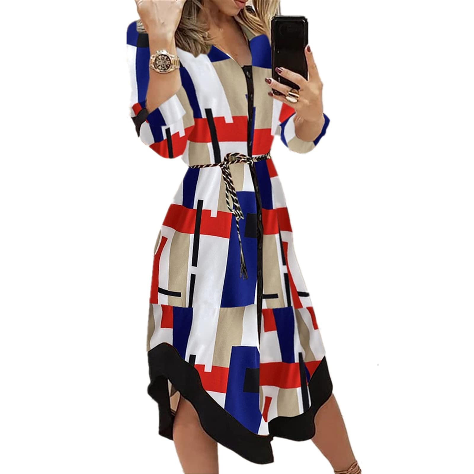 Zempertoopa Women's Boho Shirt Dress - Long Sleeve Printed Maxi Dress with Lace-Up Detail & Button Front | Casual Summer Cover Up Dress for Beach, Vacation & Everyday Wear