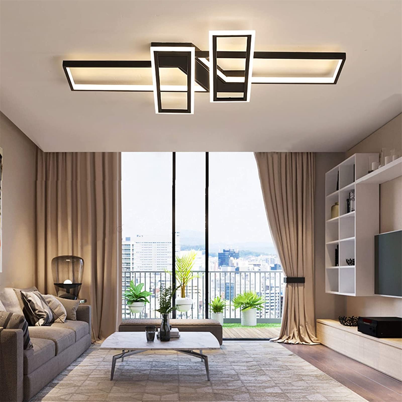 47.2 Inch Modern LED Ceiling Light Fixture - 116W Black Dimmable Chandelier with Remote Control, Rectangular Flush Mount Geometric Lighting for Dining Room, Bedroom & Living Room | Energy-Efficient Home & Office Decor