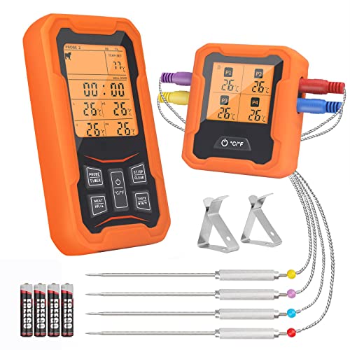 Wireless Meat Thermometer with 4 Probes - 600FT Remote Digital Cooking Thermometer with Alarm, Timer & Calibration for BBQ, Smoker, Oven, Grill - Perfect for Turkey, Steak, Roasts & Kitchen Use
