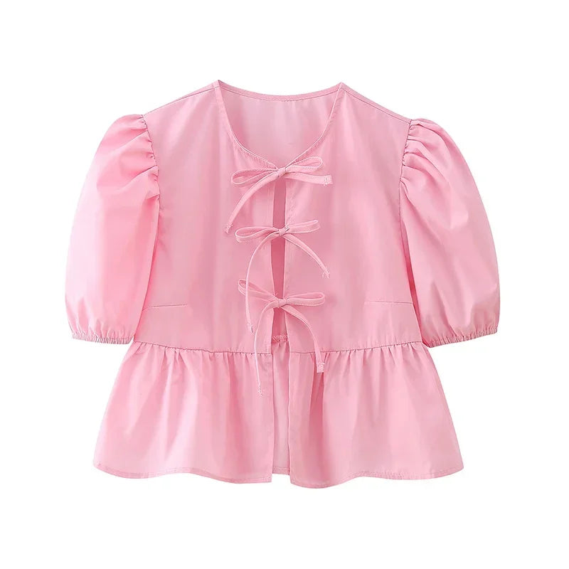 Duomofu Leopard Print Bow Tie Blouse for Women - Loose Fit Y2K Puff Sleeve Pleated Cropped Top | Summer Streetwear Fashion | Perfect for Casual Outings, Parties & Instagram Photos