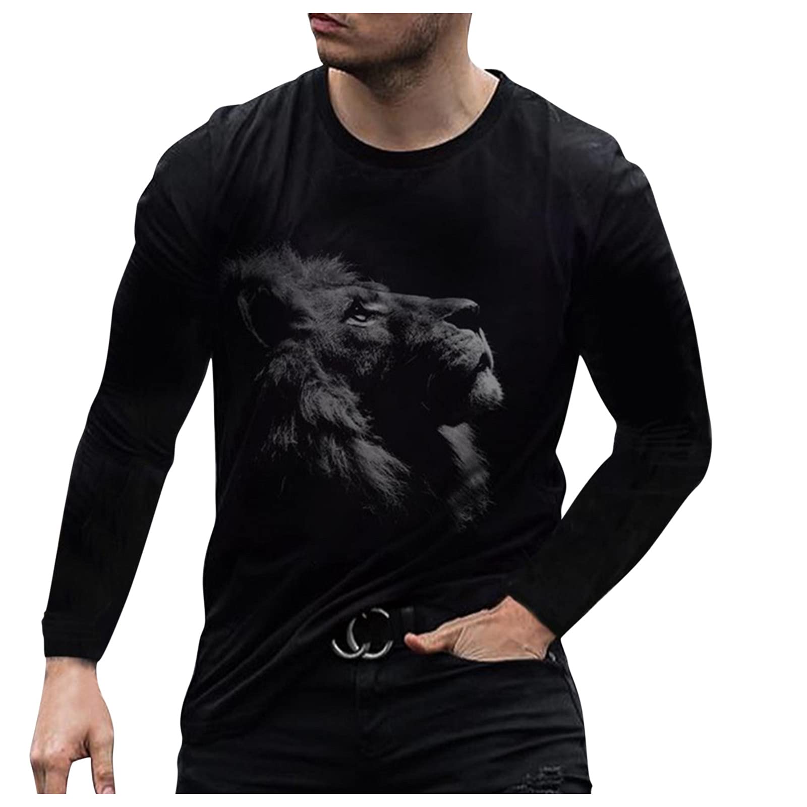 BEUU Men's 3D Lion Wolf Print Long Sleeve T-Shirt - Athletic Workout Gym Hiking Tee - Casual Fashion Sweatshirt for Outdoor Activities & Streetwear Style