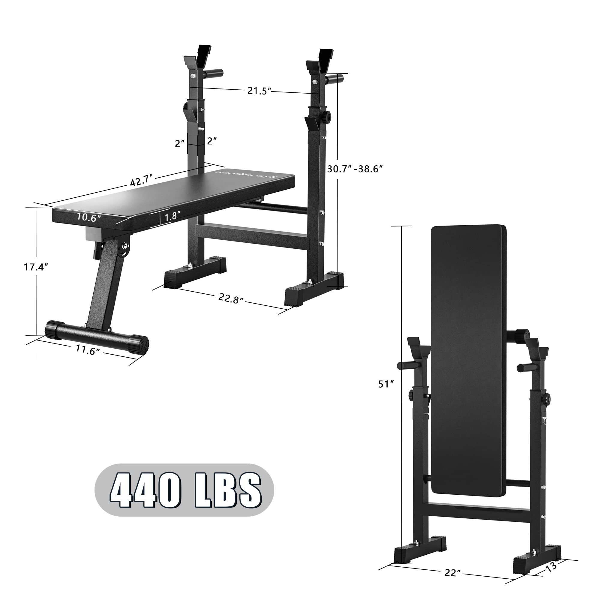 Sandinrayli Adjustable Weight Bench for Home Gym - Foldable Bench Press with Barbell Rack, Full Body Workout Equipment for Strength Training | Perfect for Small Spaces & Home Fitness Routines