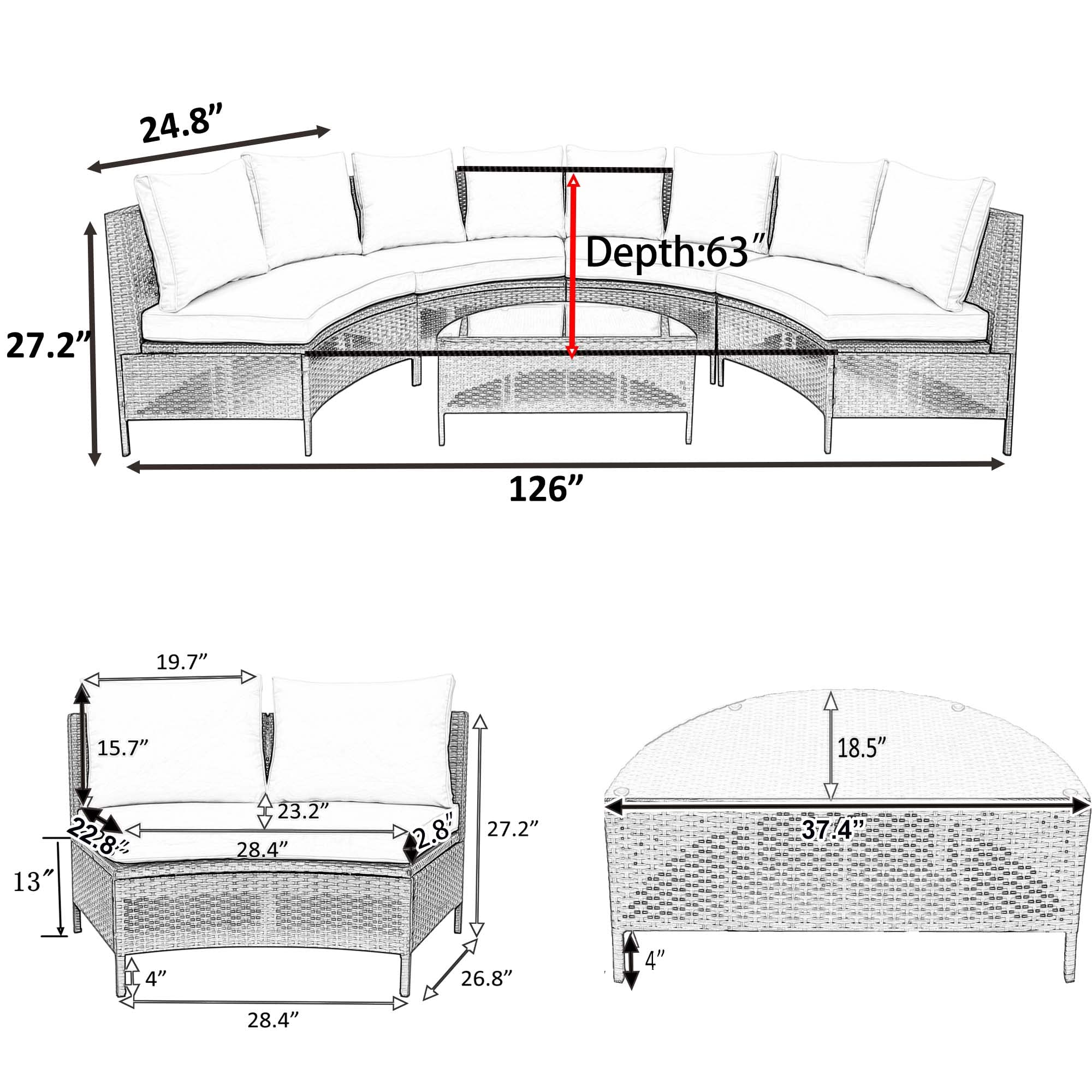 Polibi 5-Piece Patio Furniture Set - All-Weather PE Rattan Half Moon Sofa with Tempered Glass Table & Beige Cushions - Perfect for Backyard, Garden, Poolside Outdoor Relaxation