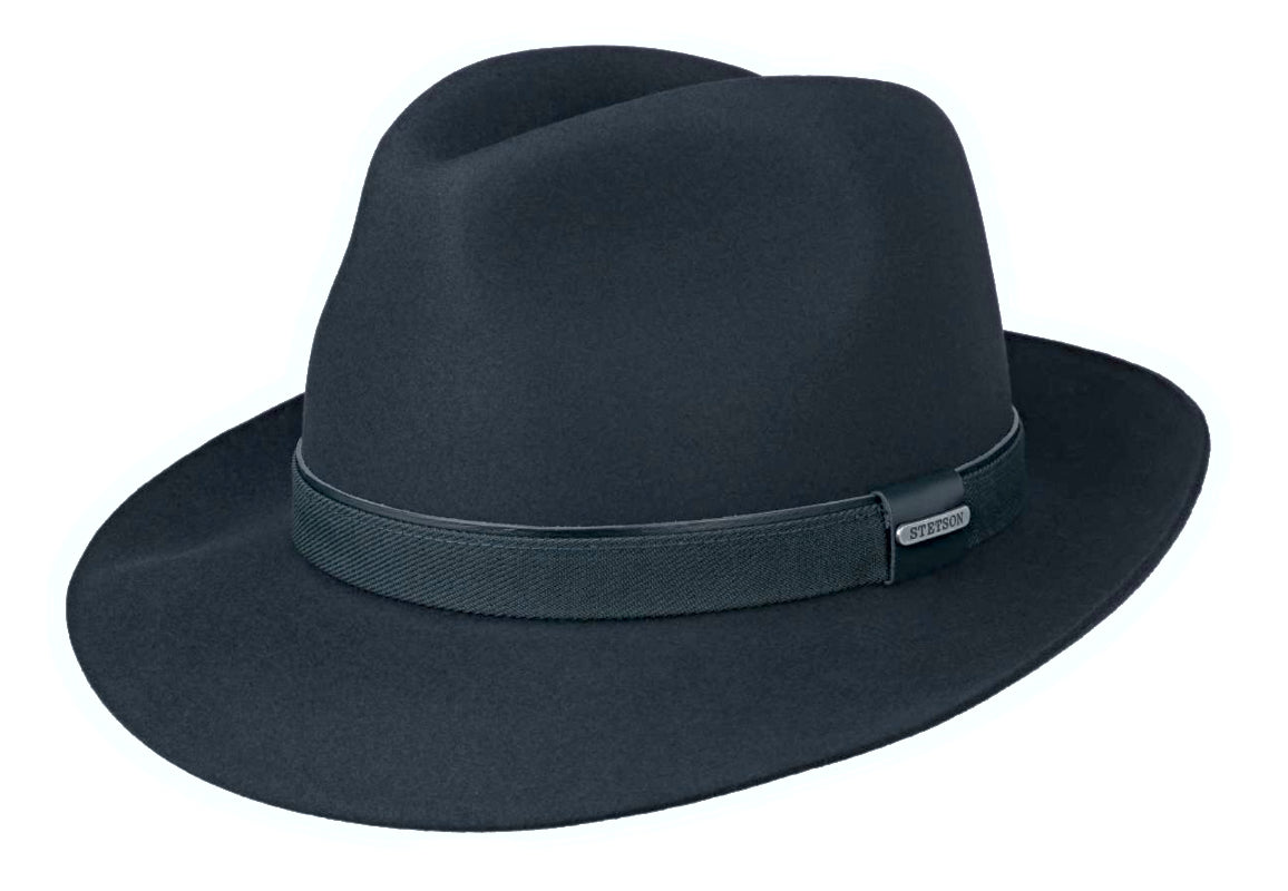 Premium Stetson Bogart Style Navy Blue Fur Felt Fedora Hat for Men - Classic Vintage Look for Casual Wear, Outdoor Events & Costume Parties