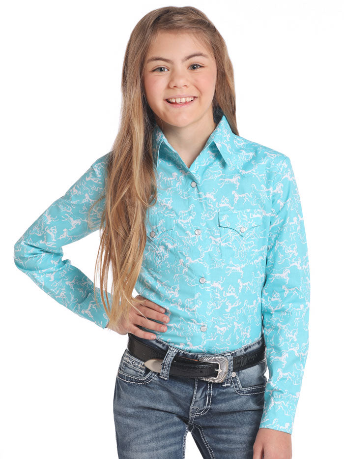 Panhandle C6S4410 Kids Long Sleeve Horse Print Snap Button Shirt Light Blue - Western Style Riding Shirt for Boys & Girls, Perfect for Equestrian Events, Rodeos & Casual Wear