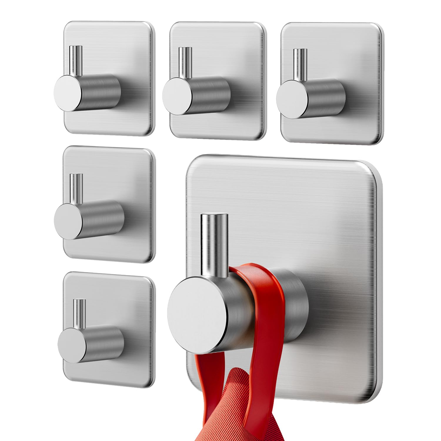 No-Drill Stainless Steel Adhesive Towel Hooks (6-Pack) - Rustproof Self-Adhesive Wall Hooks for Bathroom, Kitchen, Office - Perfect for Towels, Robes, Keys & Home Organization