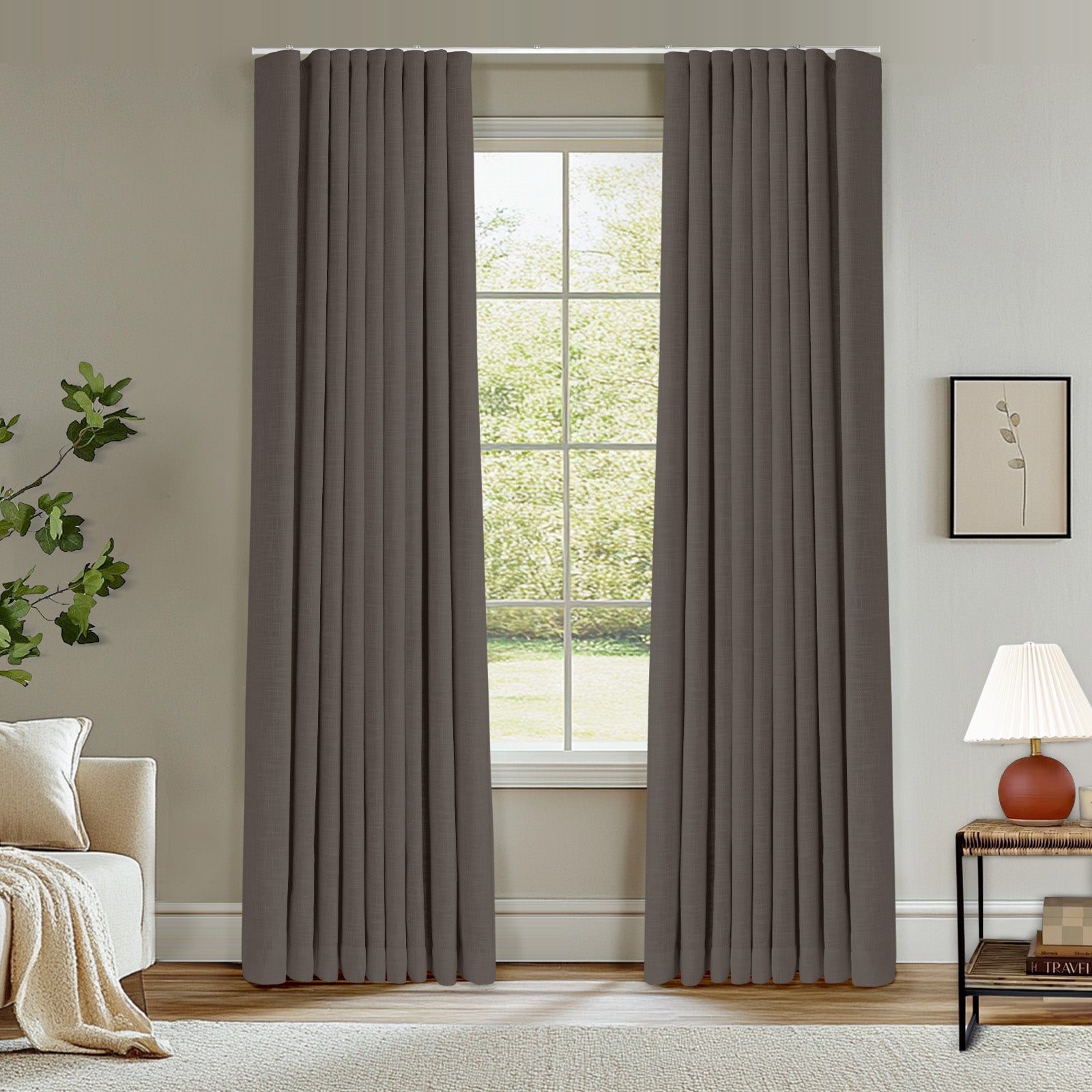 Blackout Curtains - Ripple Fold Lille Linen Memory Fabric Custom Drapes with Ceiling Track | Light Khaki | Noise Reducing & Room Darkening for Bedroom, Living Room & Nursery