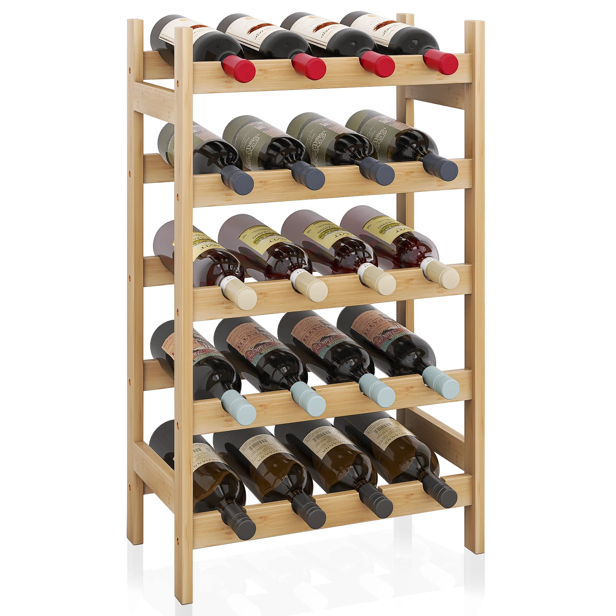 SMIBUY 5-Tier Bamboo Wine Rack - Holds 20 Bottles - Free Standing Wine Storage Shelf for Kitchen, Pantry, Cellar or Bar - Natural Wood Display Holder - Perfect for Home Entertaining & Wine Collection Organization
