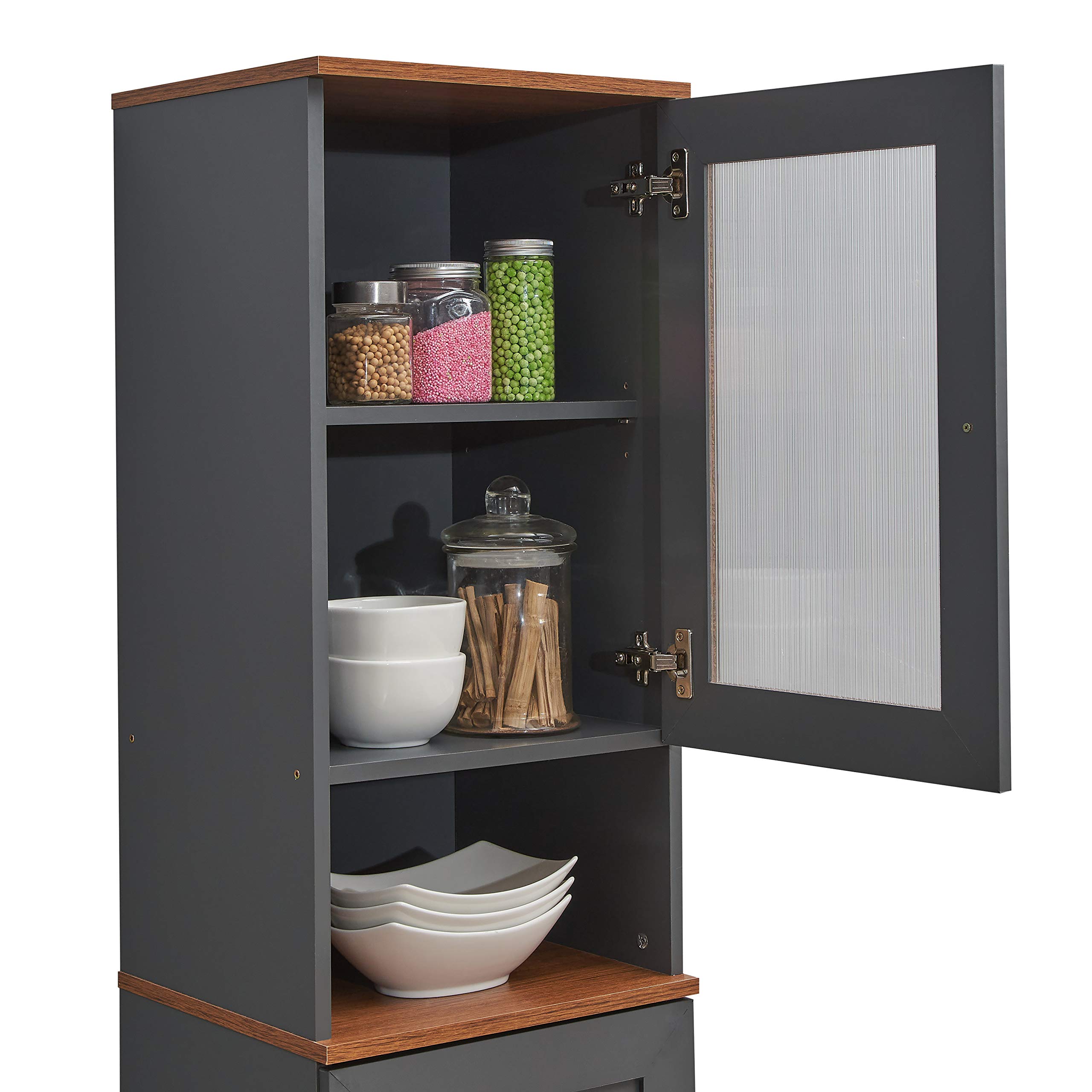 Hodedah 63 Inch Tall Open Shelf Kitchen Pantry with Enclosed Storage - Grey Oak Finish for Small Spaces, Apartment & Home Organization