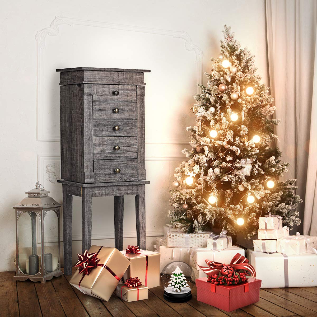 Giantex Wooden Jewelry Storage Cabinet with 5 Drawers & 8 Necklace Hooks - Standing Jewelry Armoire with Flip Mirror, 4 Compartments & 2 Side Doors - Antique Washed Gray Finish - Perfect for Bedroom, Closet & Dressing Room Organization