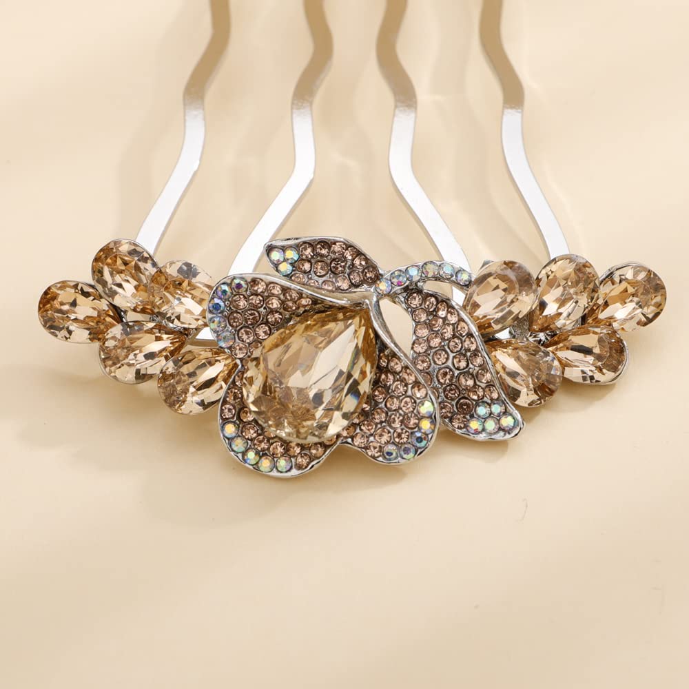 Aimimier Dainty Crystal Flower Hair Comb - Sparkly Rhinestone Inlaid Bridal Hair Accessories for Women & Girls (Champagne) | Wedding, Prom, Party & Special Occasion Hairstyle Essential