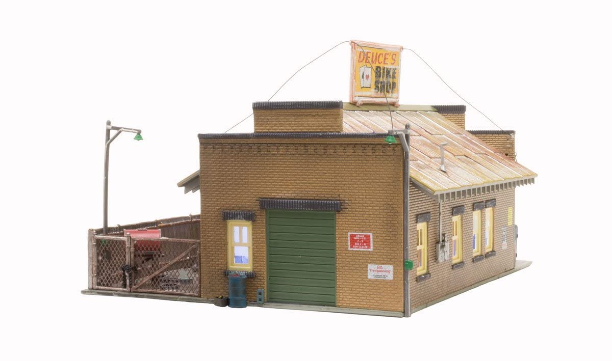 Woodland Scenics HO Scale Deuce's Bike Shop - Pre-Built Landmark Structure for Model Train Layouts | Perfect for Railroad Scenery, Dioramas & Miniature Displays