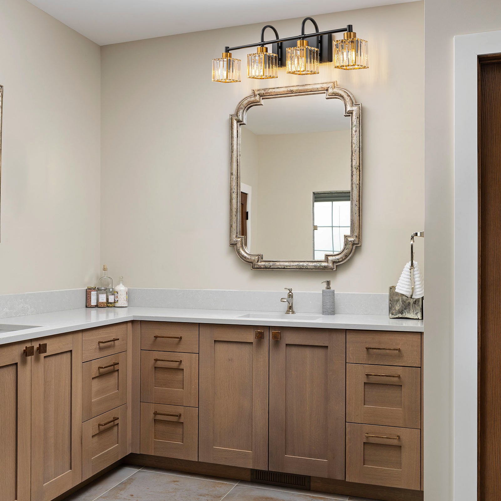 Glowlings 3/4/5 Light Modern Square Crystal Bathroom Vanity Light Fixture - Elegant Over Mirror Lighting for Bathroom, Dressing Room & Makeup Area