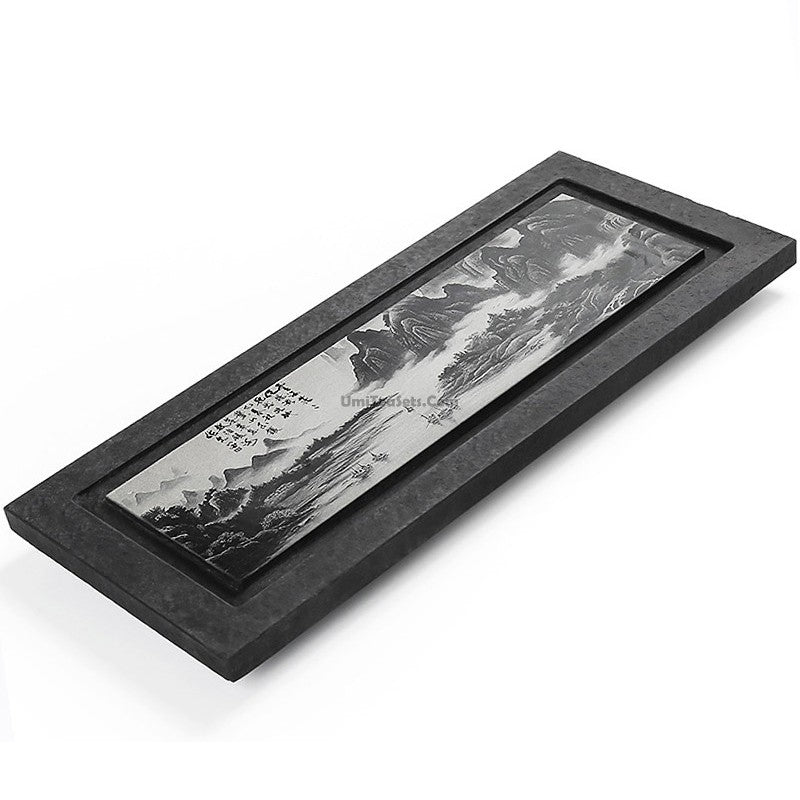 Handcrafted Black Stone Tea Tray with Exquisite Landscape Carvings - Perfect for Chinese Tea Ceremony, Home Decor & Zen Meditation Spaces