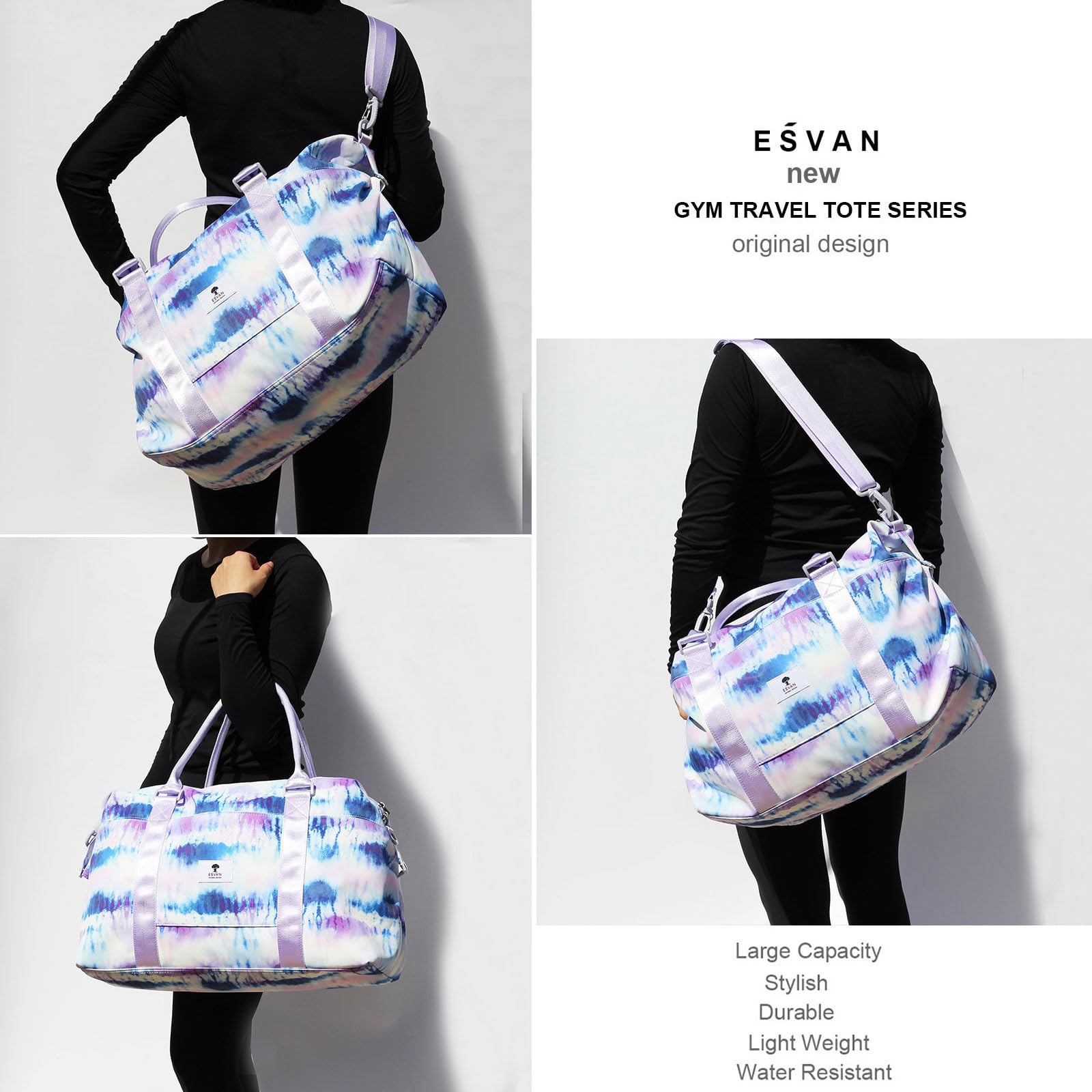 ESVAN Travel Tote Duffel Gym Bag - Waterproof Weekender Overnight Carry-on Crossbody Bag with Wet Pocket & Trolley Sleeve - Perfect for Gym, Travel, Workout & Weekend Getaways
