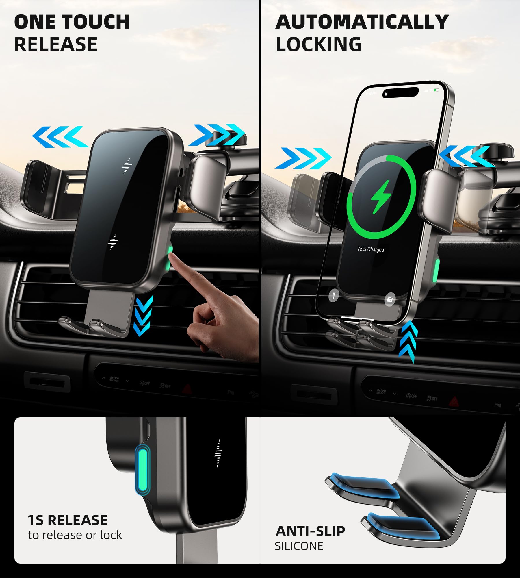 15W Dual Coil Wireless Car Charger Phone Mount - Auto Clamping & Secure Grip for iPhone 15/14/13/12, Samsung Galaxy S24/S23/S22/S21 - Dashboard/Vent/Windshield Mount - Perfect for Commuting, Road Trips & GPS Navigation