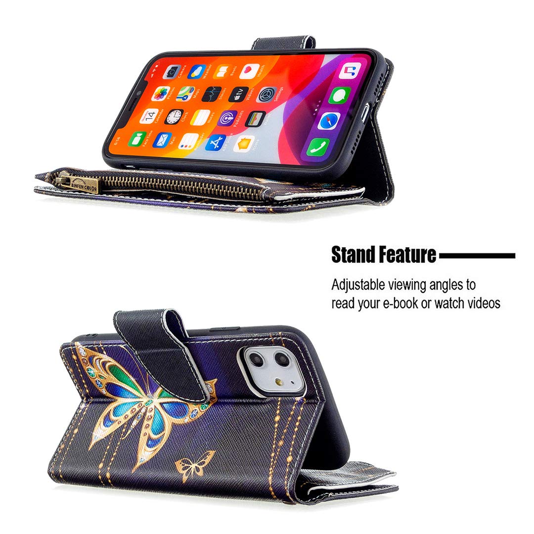 Leather Wallet Case for iPhone 11 with Card Slots, Magnetic Closure & Stand Function - Butterfly Design III | Perfect for Everyday Use, Travel & Hands-Free Viewing