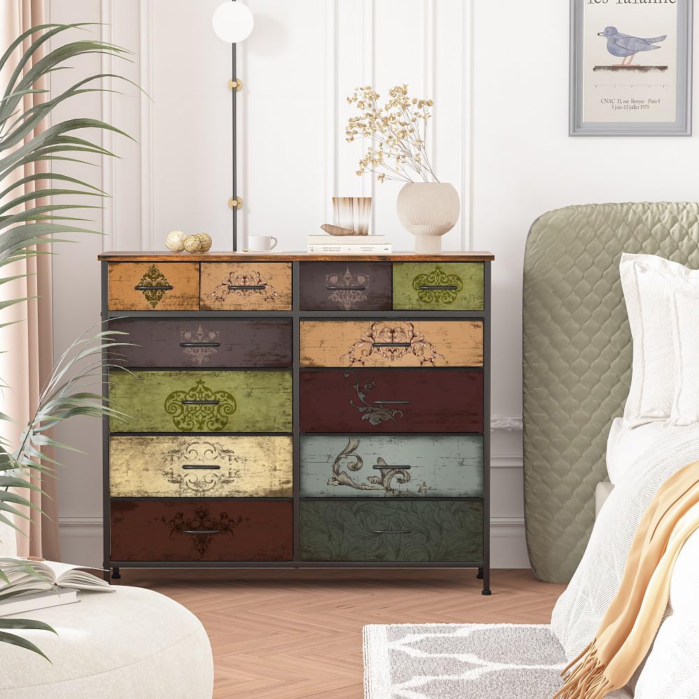 12-Drawer Tall Fabric Dresser for Bedroom - Modern Storage Chest with Drawers for Closet, Nursery, Bedside, Living Room, Entryway & Hallway | Space-Saving Organizer for Clothes, Toys & Home Essentials (Pattern)