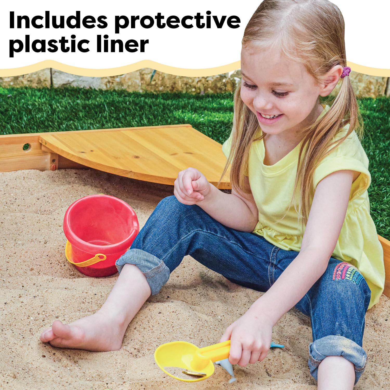 KidKraft Wooden Backyard Sandbox with Built-in Corner Seating & Mesh Cover - Outdoor Playhouse for Kids Ages 2-8, Natural Honey Finish - Perfect for Backyard Play, Sandcastle Building & Outdoor Fun