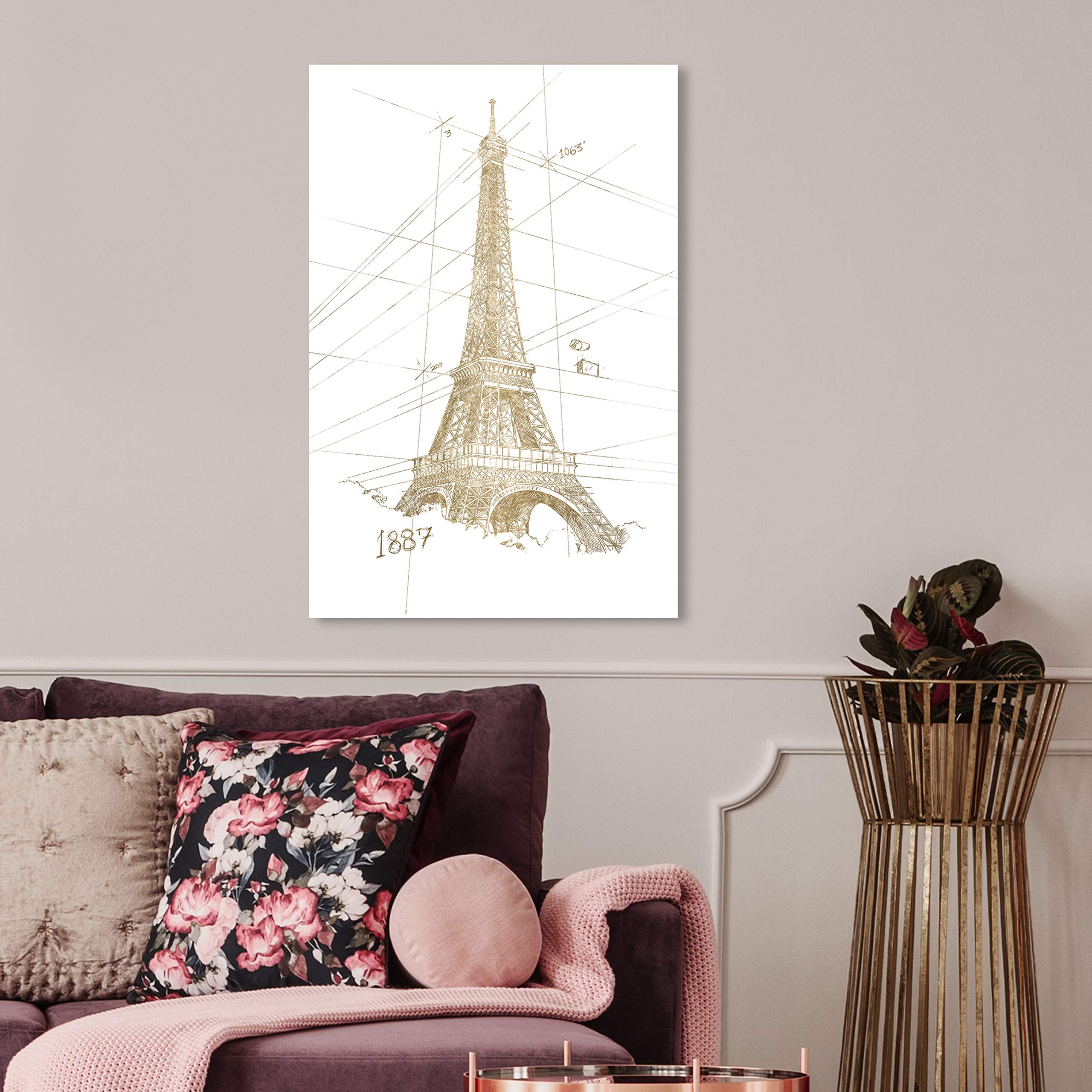 Golden Eiffel Tower Canvas Wall Art Print - 20x30 Inch Modern Architecture Home Decor - Premium Gold & White Framed Painting for Living Room, Bedroom, Office