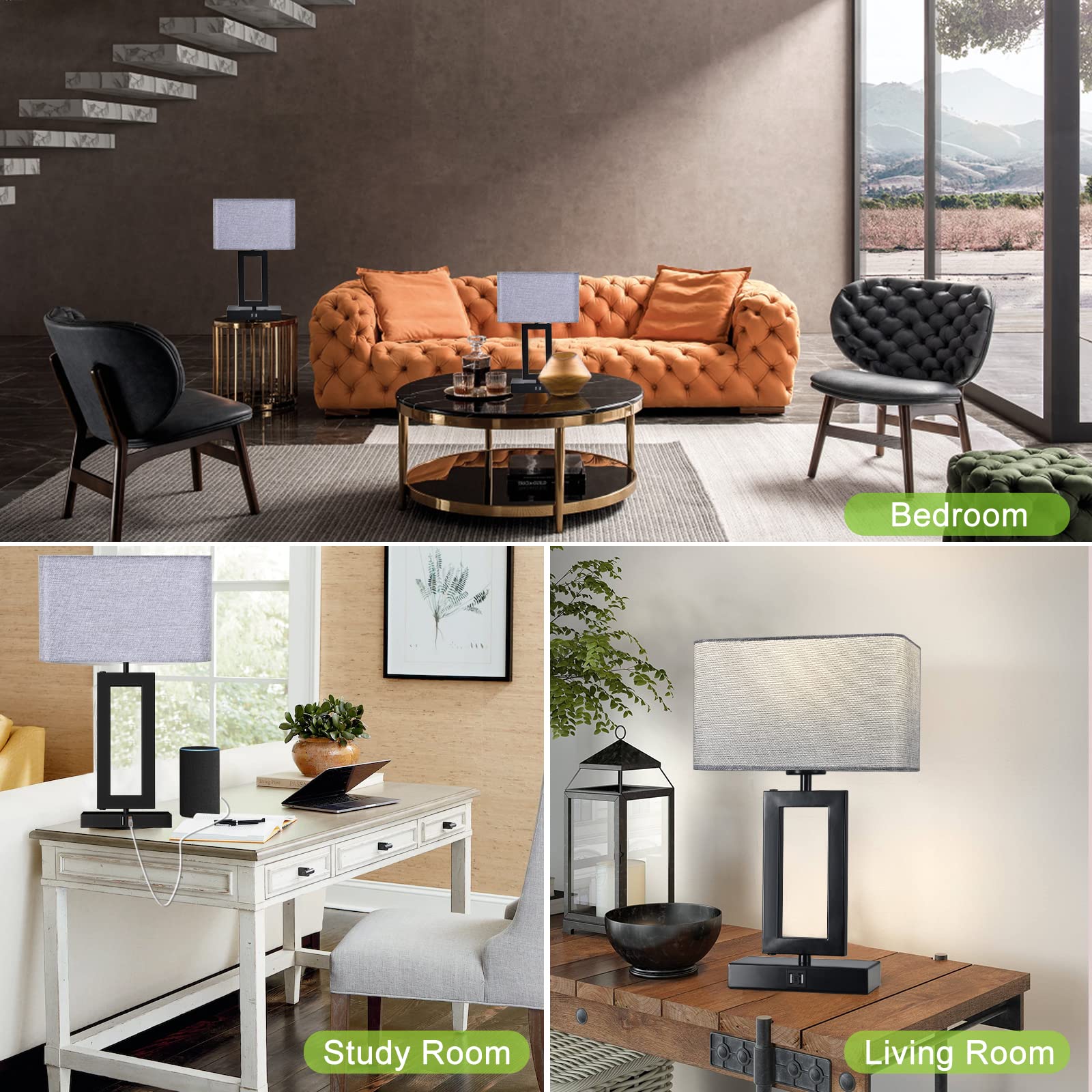 Touch Control Bedside Lamps - Set of 2 Modern Table Lamps with Dual USB Ports & 3-Way Dimmable Lighting for Nightstand, Desk, Living Room, Office & Study - Grey & Black - Perfect for Reading, Working & Creating Cozy Ambiance