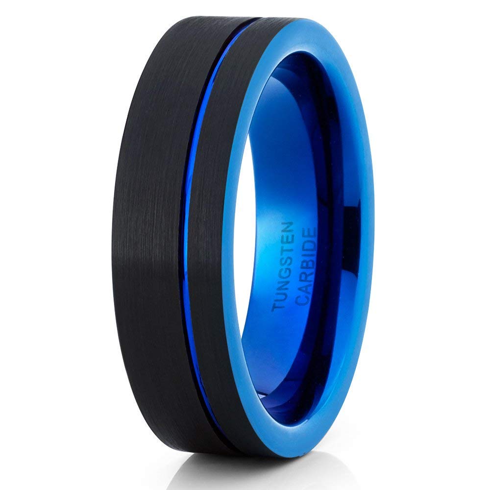 6mm Blue Tungsten Wedding Band for Men - Comfort Fit Anniversary & Engagement Ring - Durable Black Brushed Tungsten Ring for Everyday Wear & Special Occasions