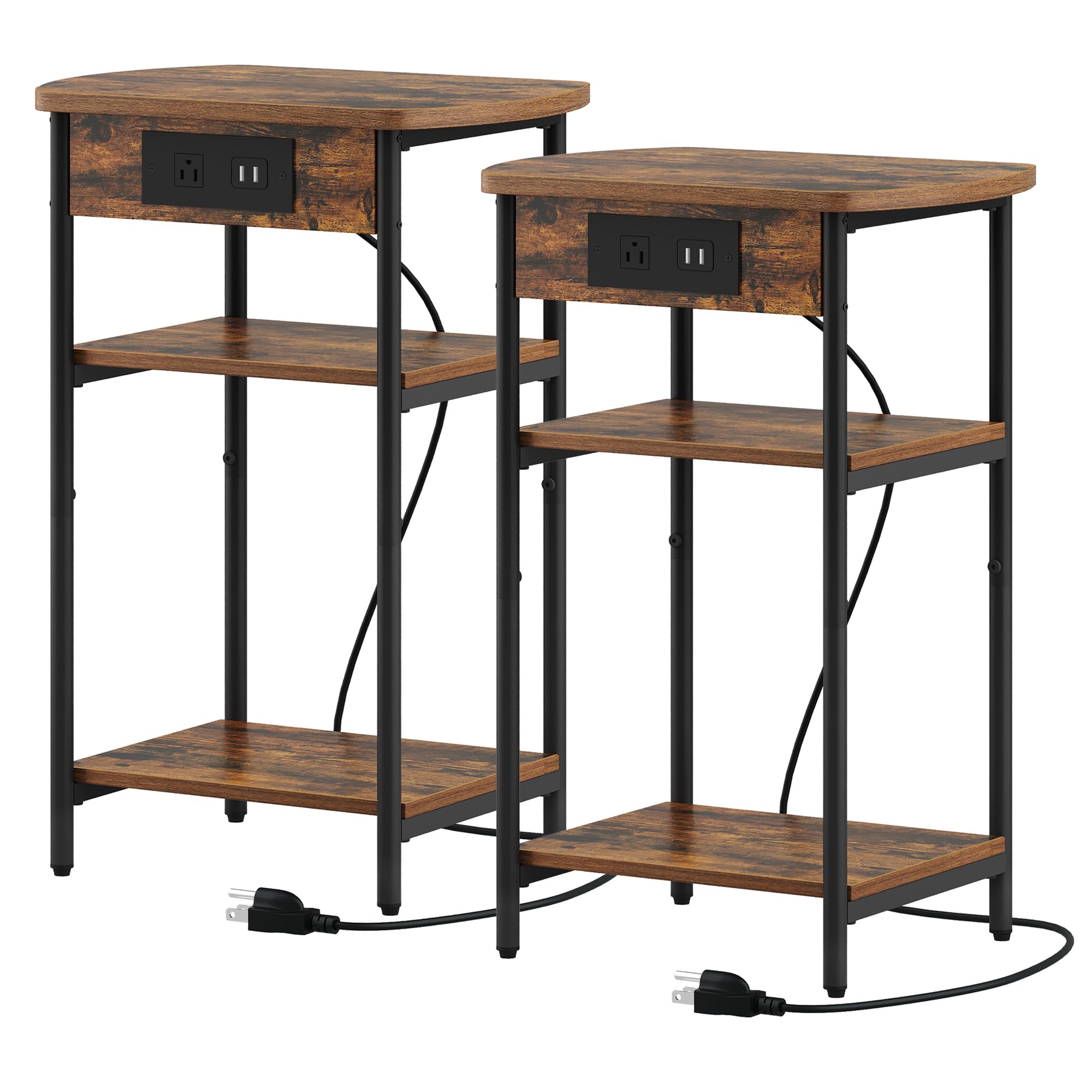 Modern Narrow End Tables with Charging Station - Set of 2 USB & Outlet Nightstands, Rustic Brown and Black Side Tables for Living Room & Bedroom - Perfect for Small Spaces, Phone Charging and Extra Storage ET15201B