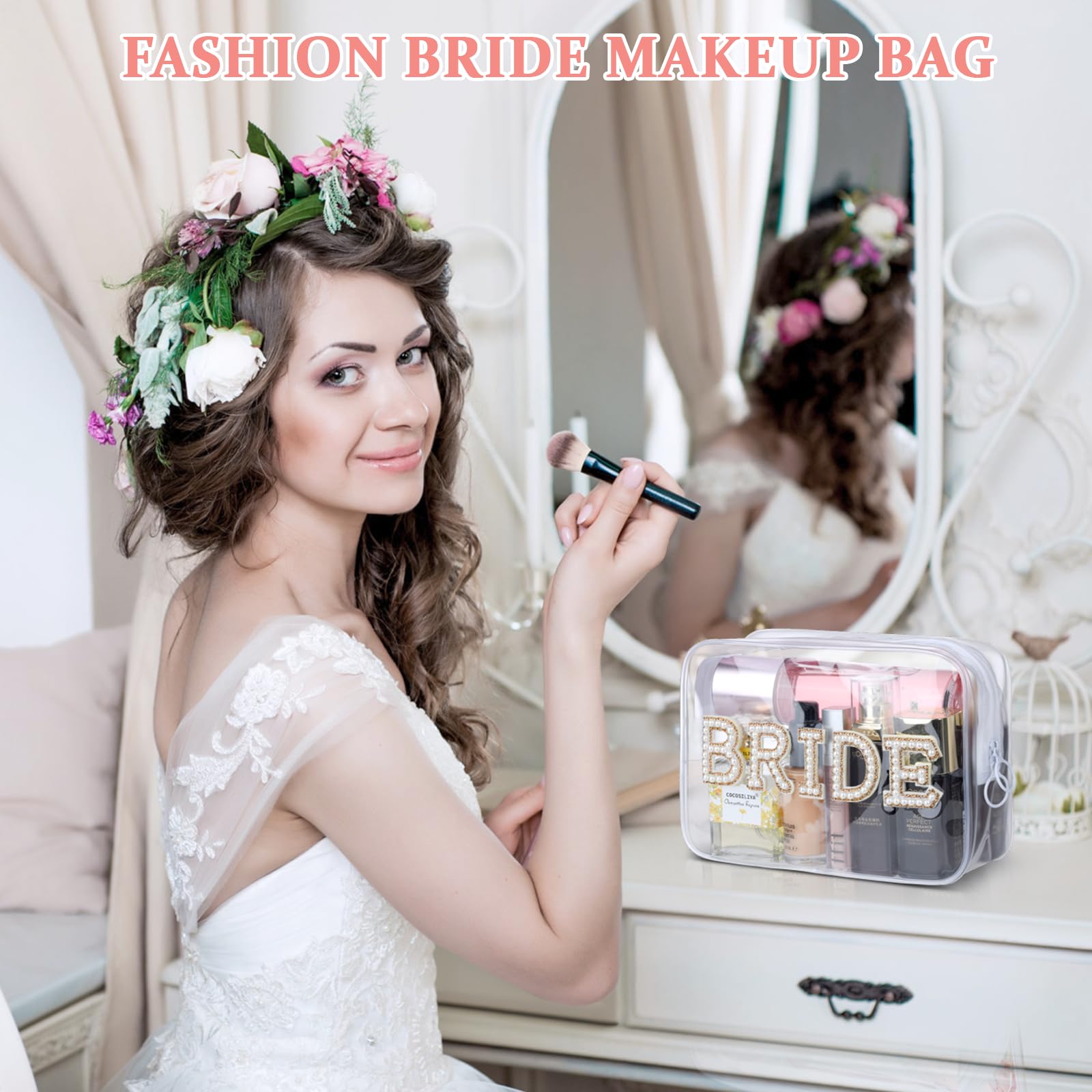 Etercycle Clear Makeup Bag with Bling Pearl Rhinestone Letter Patches - Waterproof PVC Travel Cosmetic Organizer for Women | Perfect for Bridal Showers, Engagement Gifts, Bachelorette Parties & Wedding Events (Gold)