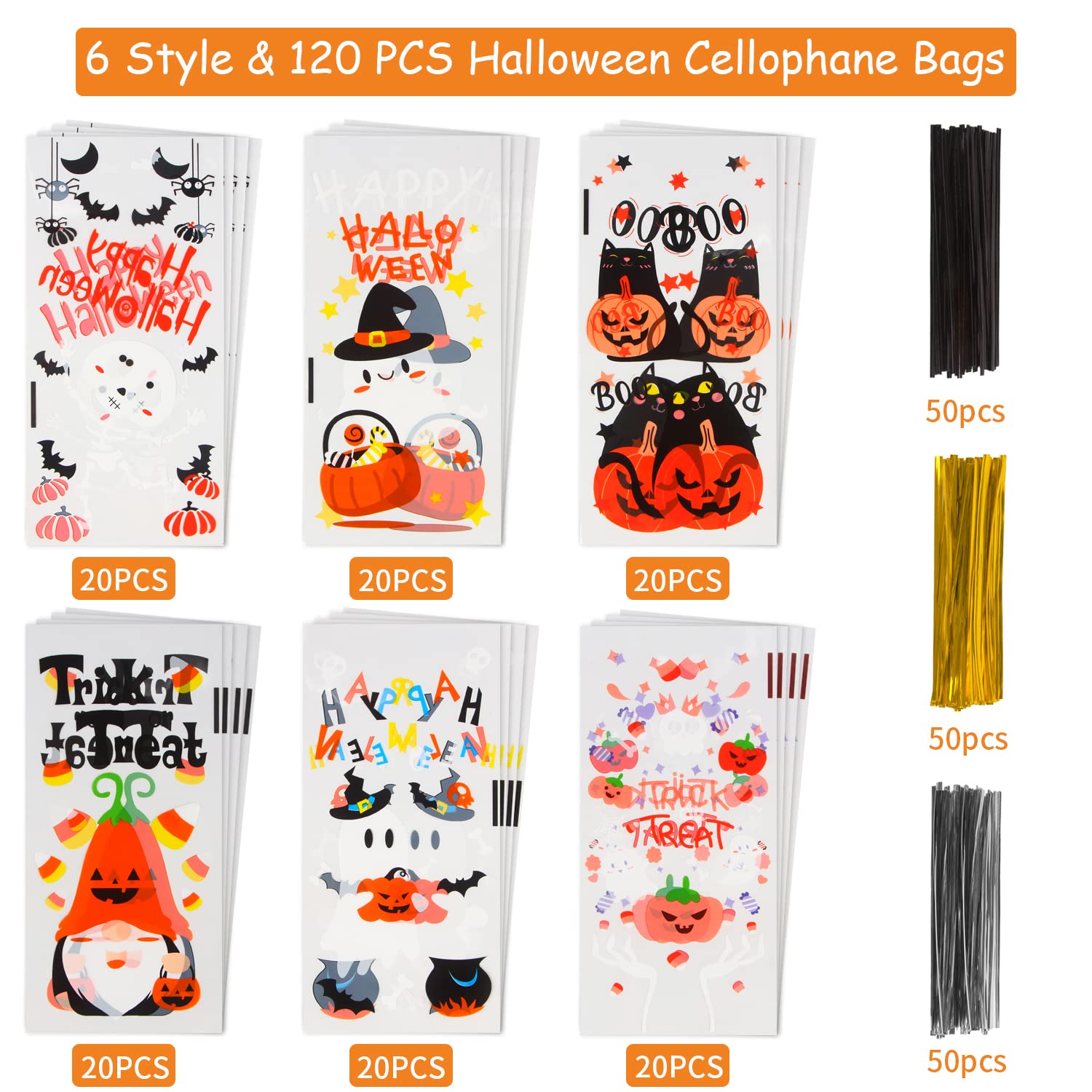 LOKIPA 120PCS Halloween Cellophane Treat Bags - 6 Styles Candy Bags with 150 Twist Ties for Trick or Treat, Halloween Party Favors, Classroom Treats & Goodie Bags