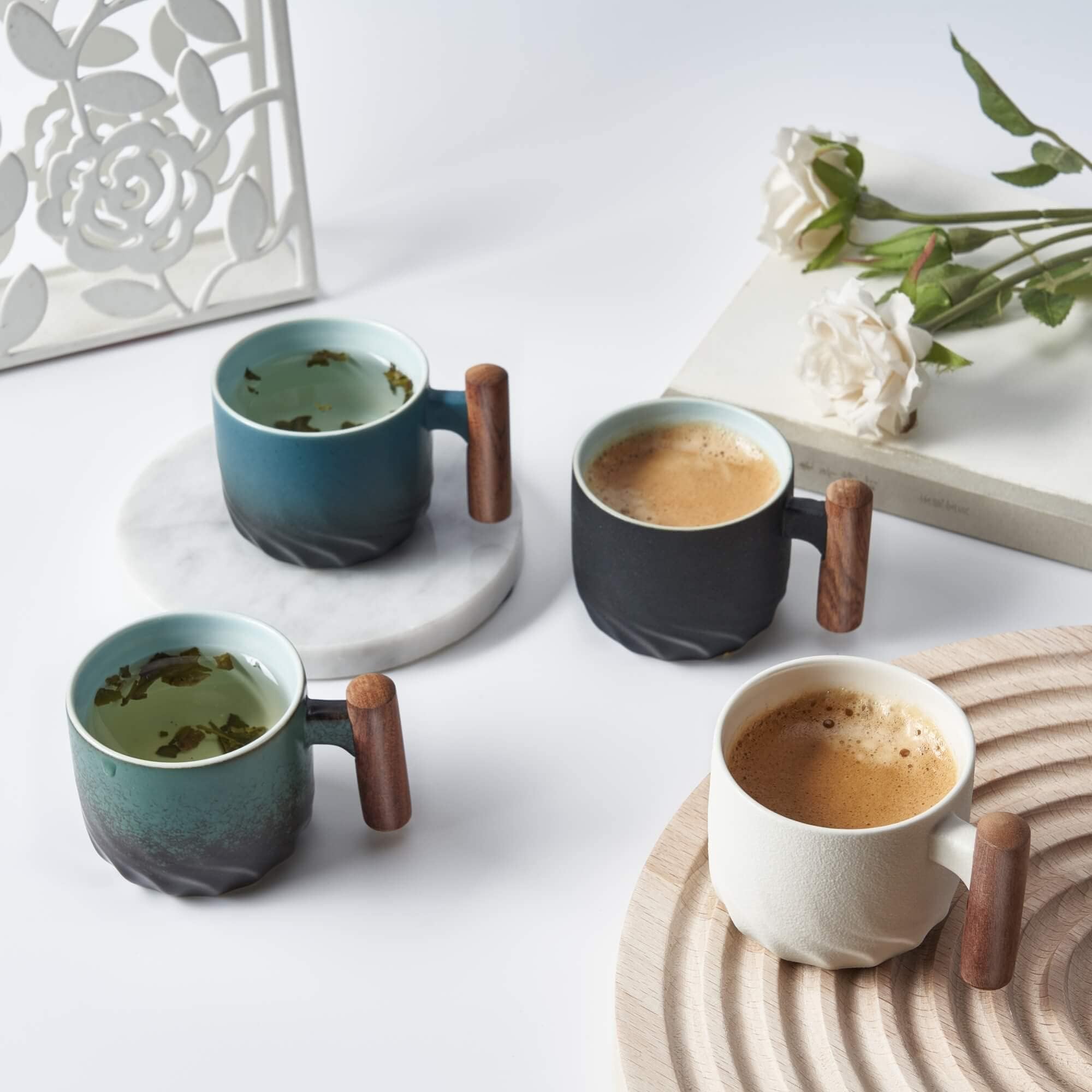 Premium Ceramic Espresso Cups with Wooden Handle - 3oz Small Coffee Cups for Espresso, Tea or Cappuccino - Set of 2 Porcelain Demitasse Cups (Black) - Perfect for Home, Cafe or Office Use