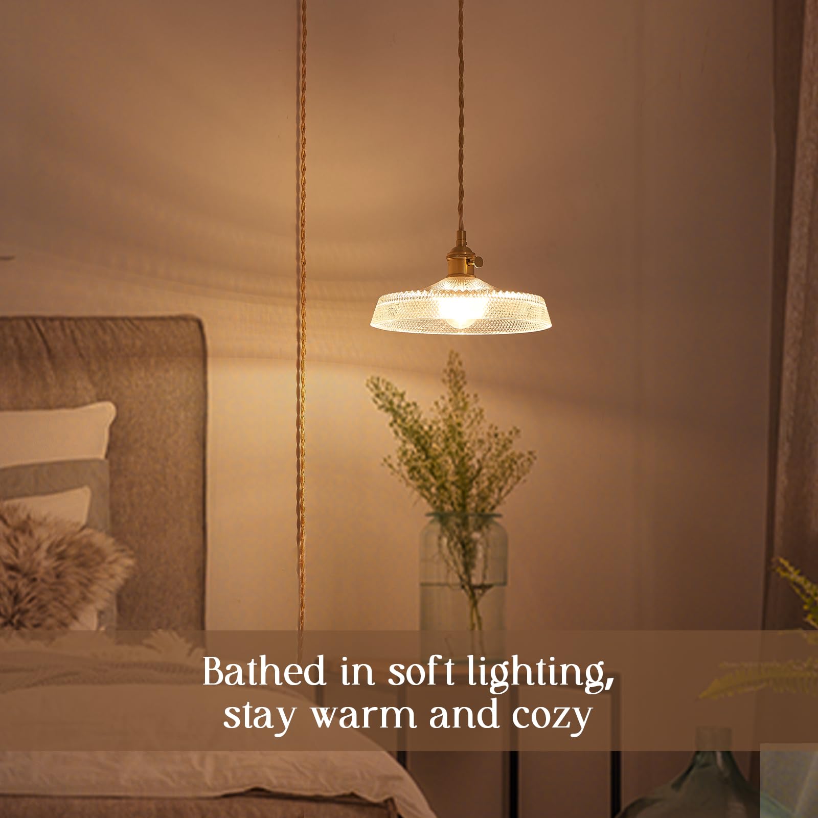 9.1 Inch Plug-in Pendant Light with Glass Lampshade - 2-Way Switch Industrial Hanging Light for Bedroom, Living Room & Dining Room - Easy Installation Plug-in Cord Lighting Fixture