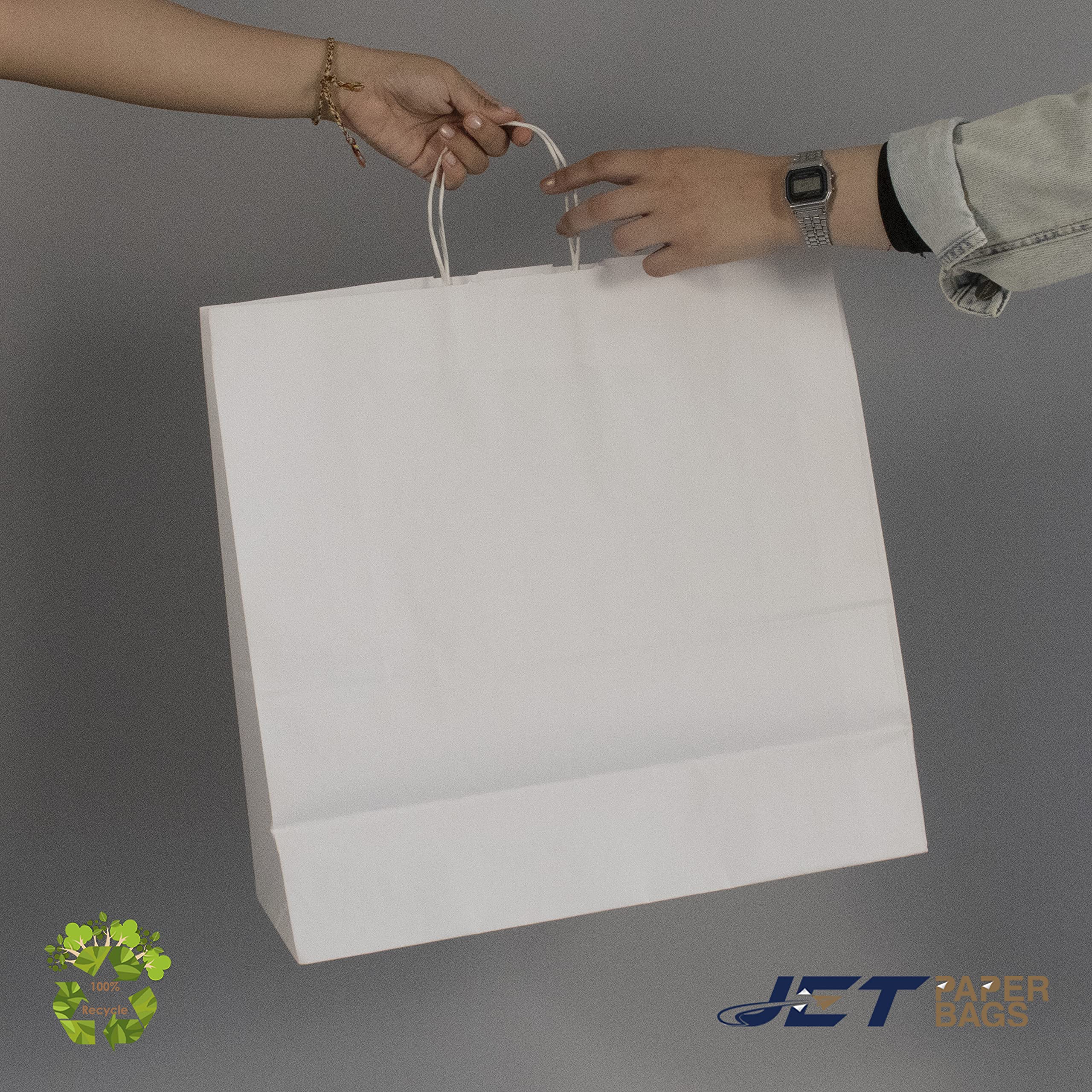 JET PAPER BAGS - 18x7x18 Inch Large White Kraft Paper Bags with Handles (100 Pack) - Eco-Friendly Recyclable Gift Bags for Takeout, Grocery, Retail, Parties, Weddings & Gifts | Perfect for Shopping, Gift Wrapping & Event Favors