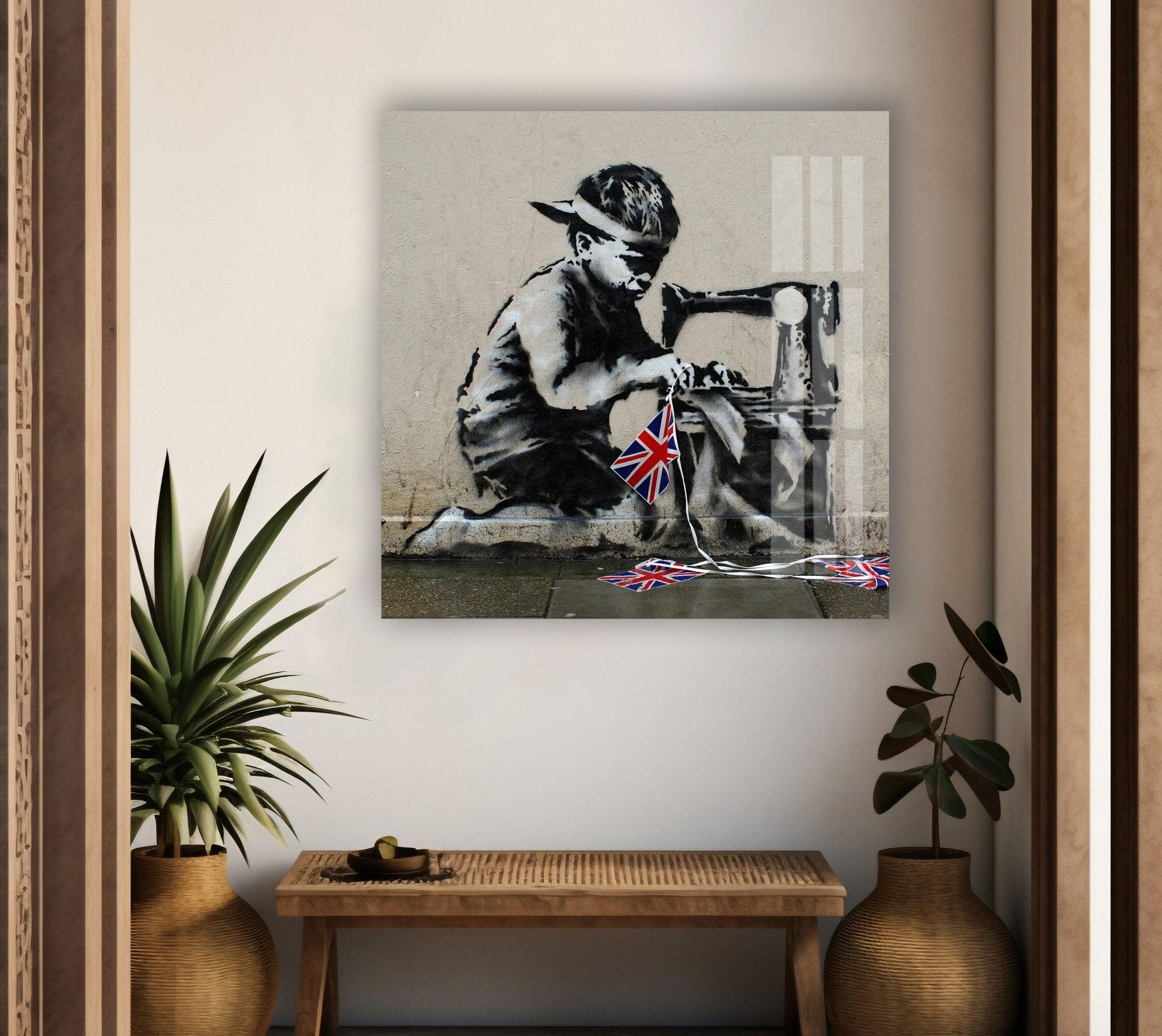 Banksy UK Flag Glass Wall Art - Modern British Street Art Decor for Living Room, Office & Gifts