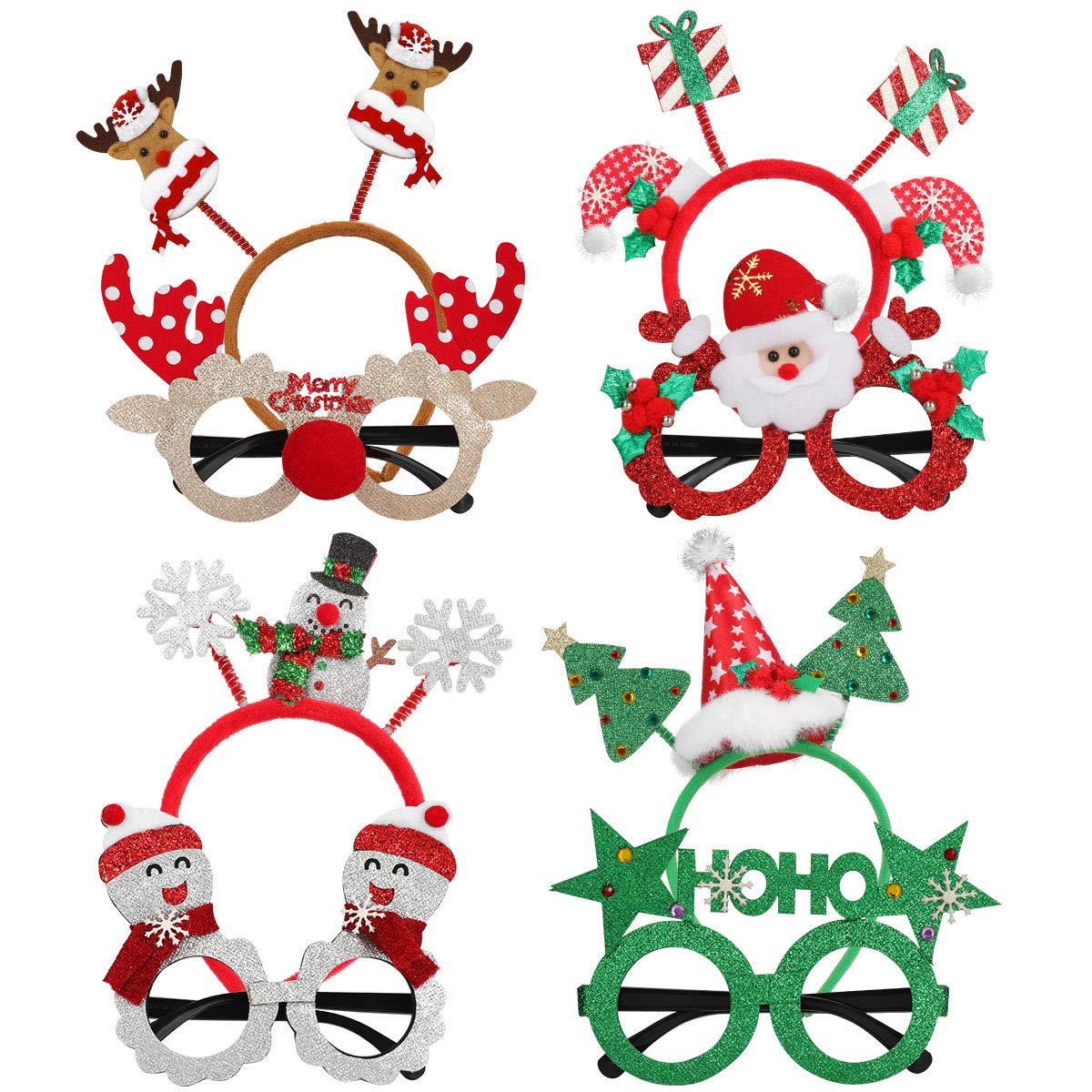 8 Pack Christmas Glasses & Headbands Set - Creative Elf Reindeer Antlers Xmas Tree Decorations for Holiday Parties | Fun Costume Accessories for Kids & Adults | Perfect for Christmas Photos, Office Celebrations & Family Gatherings