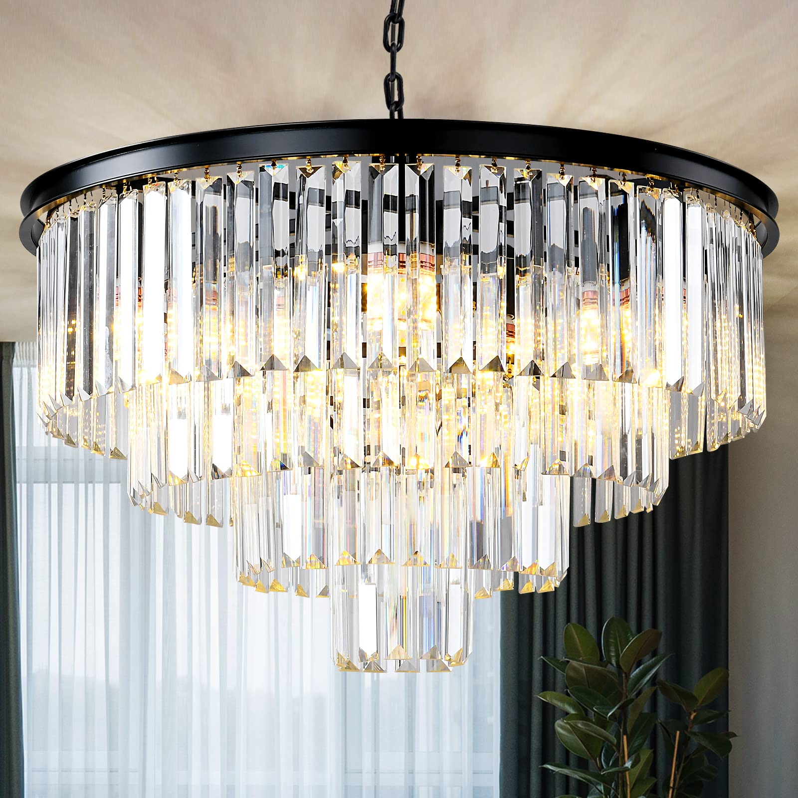 Modern Black Crystal Chandelier - 4-Tier Round Flush Mount Ceiling Light with Adjustable Height, Elegant Pendant Lighting for Dining Room, Living Room, Bedroom, Kitchen, Hotel Lobby | Perfect for Home Decor, Wedding Venues & Luxury Interior Design