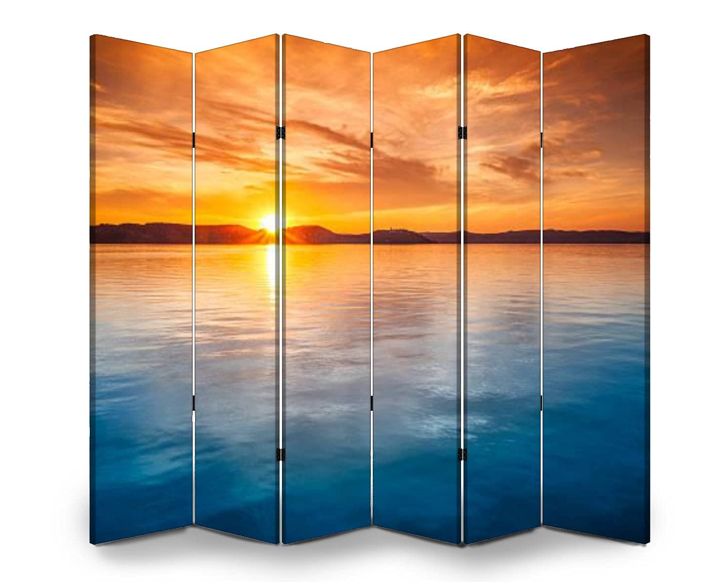 6-Panel Wood Screen Room Divider - Sunset Water Folding Privacy Partition with Dual-Sided Canvas Panels for Indoor Display & Shelves | Perfect for Home Office, Bedroom Separation & Decorative Wall Art