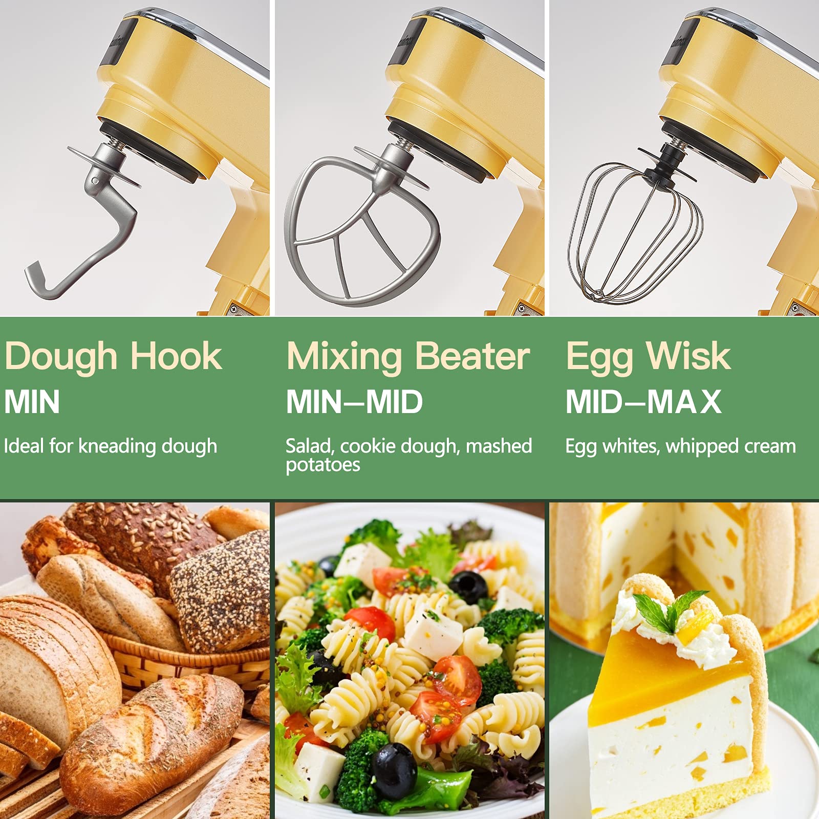 CUSIMAX 5-QT Stand Mixer with Stainless Steel Bowl - Tilt-Head Electric Kitchen Mixer Includes Dough Hook, Mixing Beater & Whisk, Splash Guard in Yellow - Perfect for Baking Cakes, Cookies, Bread & More