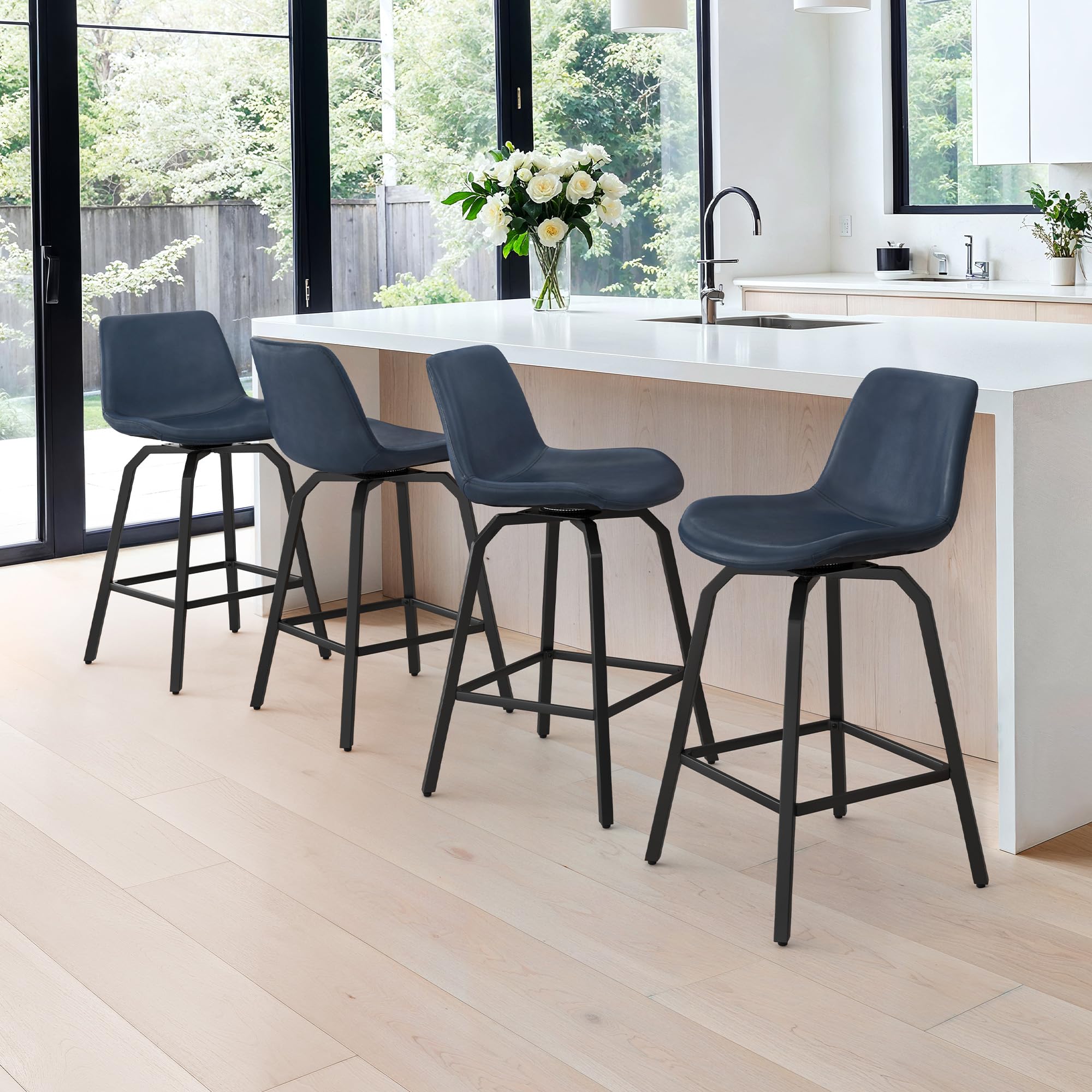 LUE BONA 360° Swivel Bar Stools Set of 3, 26 Inch Counter Height Bar Stools with Enlarged Seats - Modern Faux Leather & Metal Legs for Kitchen Island, Dining Room, Bar - Navy Blue | Perfect for Home, Restaurant, and Cafe Use
