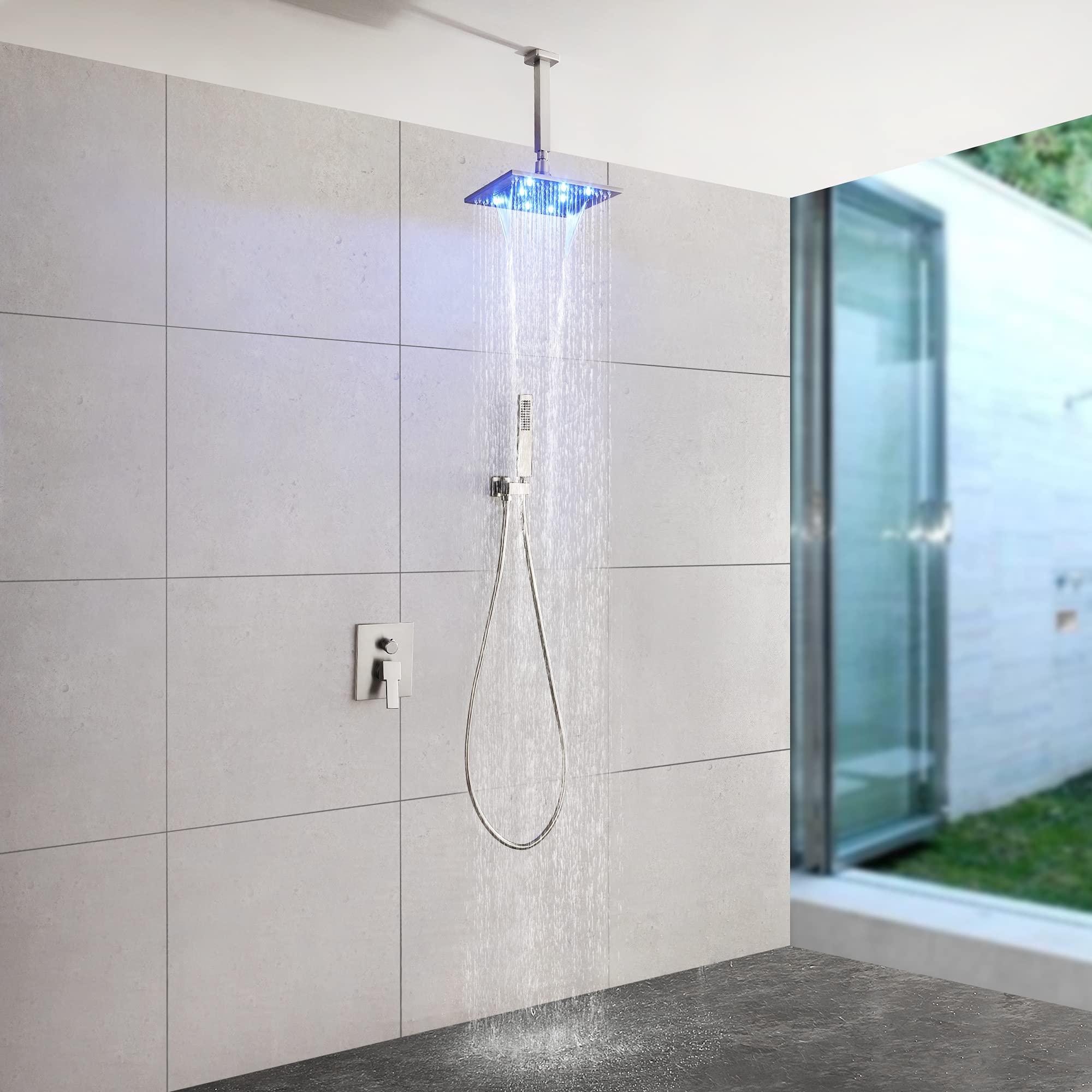 SKOWLL Ceiling Mounted Shower System - 2 Function Shower Control Valve with High Pressure Shower Head & Handheld Spray Combo in Polished Chrome - Perfect for Modern Bathrooms & Spa-Like Shower Experience