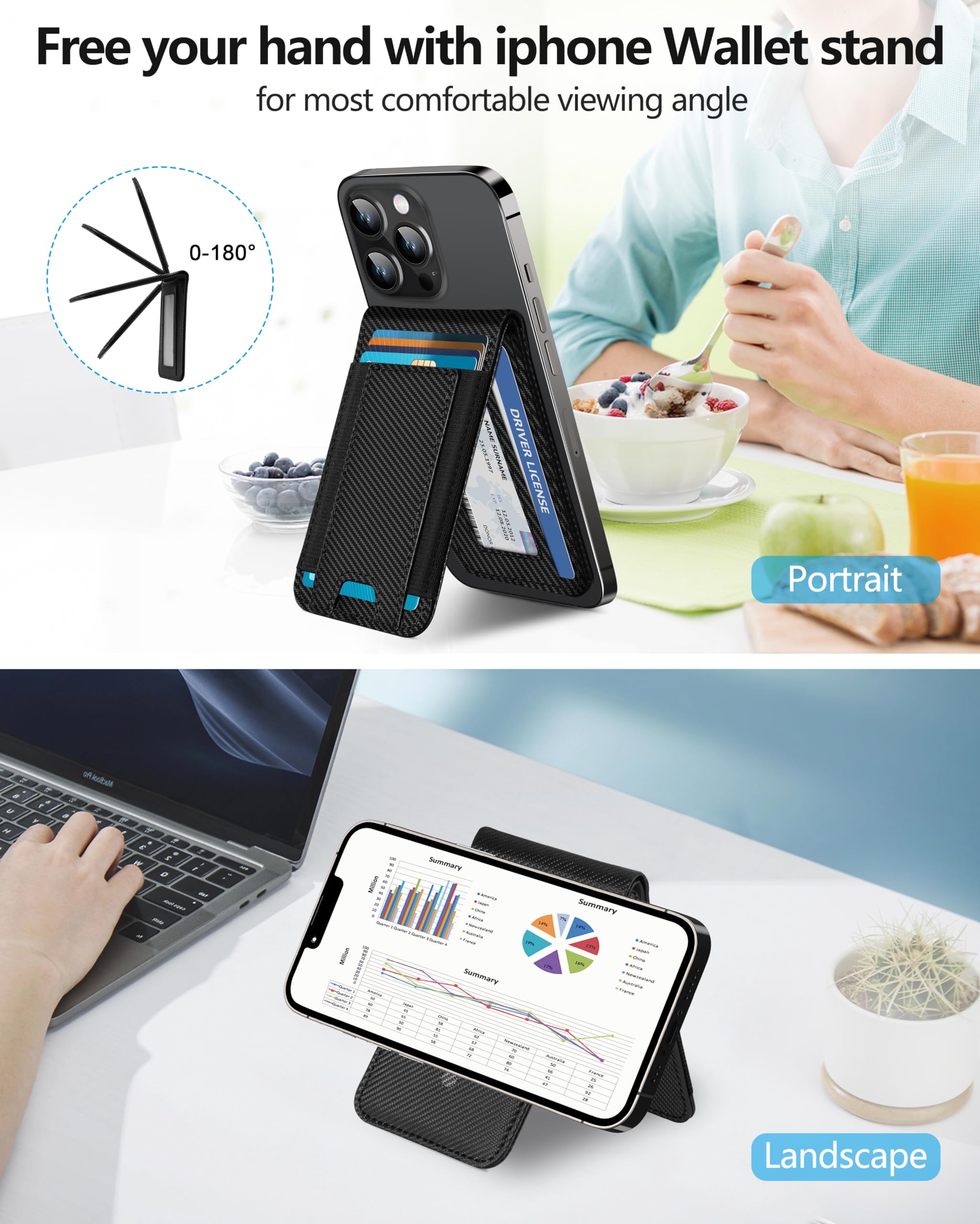 2-in-1 MagSafe Wallet with Adjustable Stand & ID Window - Magnetic Phone Wallet for iPhone 16/15/14 Pro Max/14/14 Plus/13/12 Series - Holds 9 Cards - Black Carbon Fiber - Perfect for Travel, Work & Everyday Use