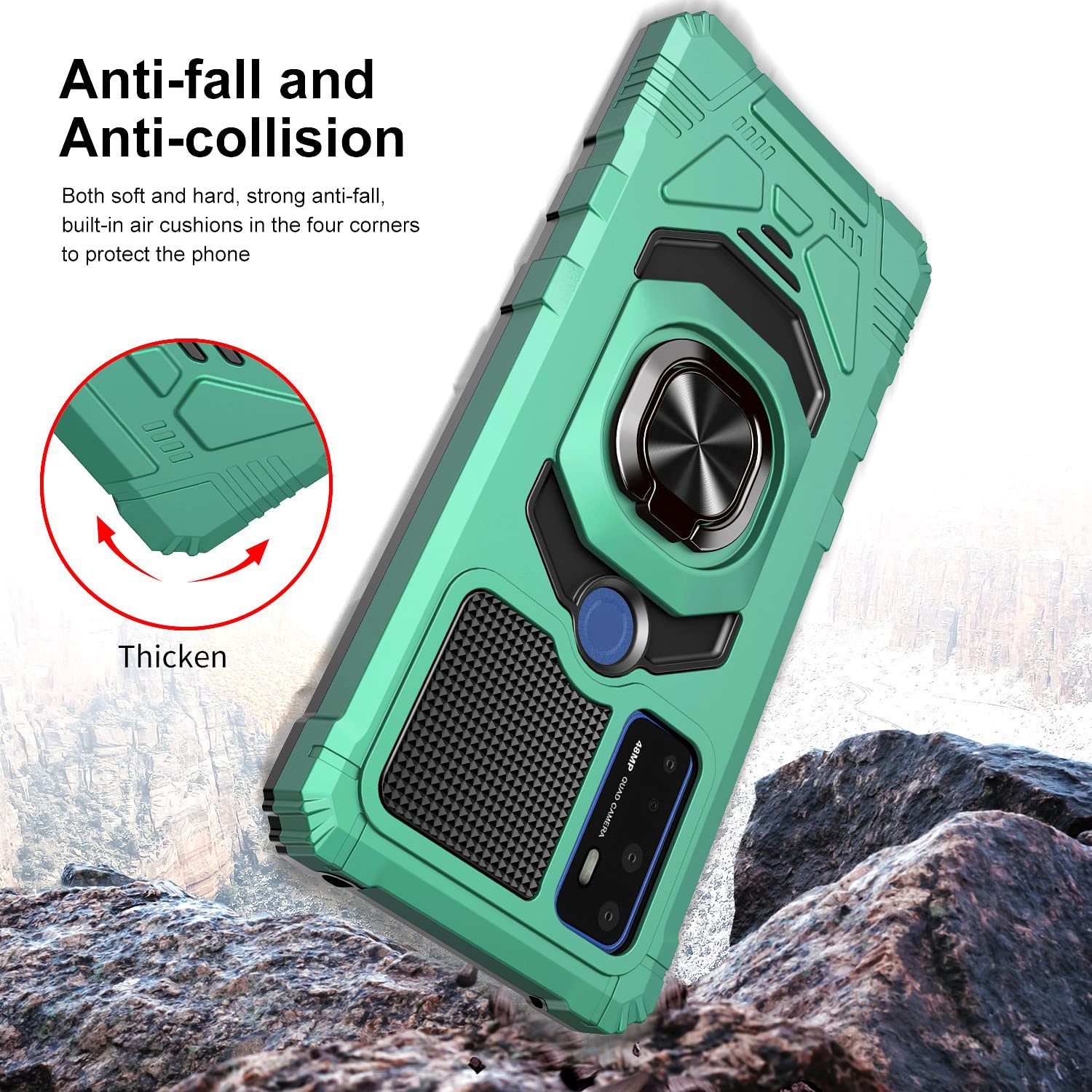 Premium Shockproof Case for Alcatel TCL 4X 5G (T601DL) with Tempered Glass Screen Protector [2-Pack] - Heavy Duty Drop Protection, 360° Magnetic Ring & Kickstand - Green | Perfect for Outdoor Activities, Work & Daily Use