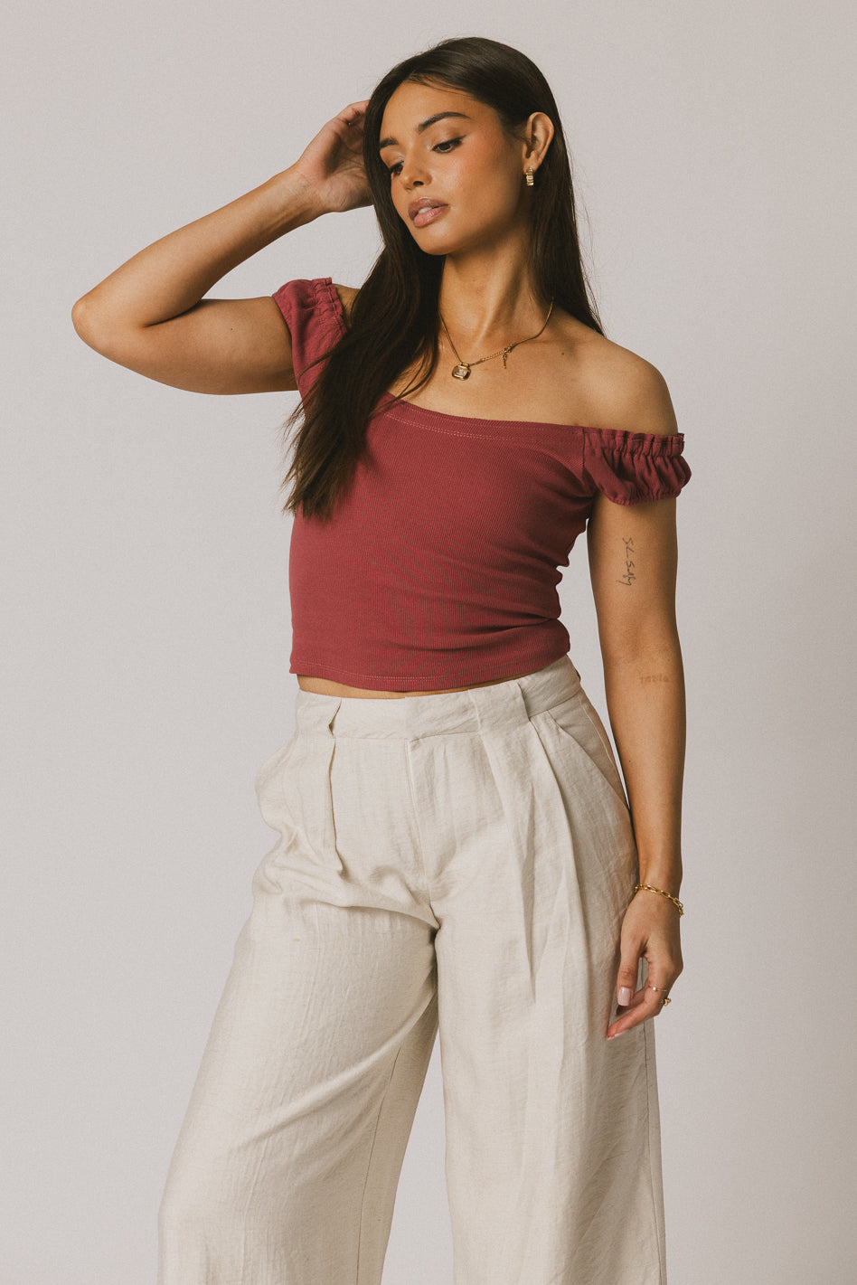 Ace Ribbed Top for Women - Soft Stretch Berry Color V-Neck T-Shirt - Casual Wear, Layering, Everyday Outfits