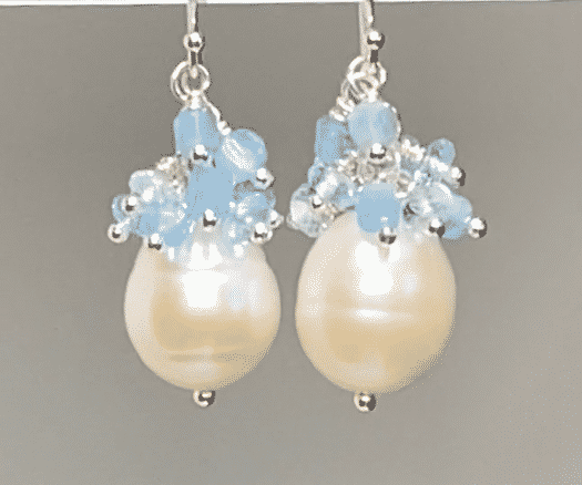 Elegant Pearl Cluster Earrings with Blue Aquamarine & Topaz - 14K Gold Filled or Sterling Silver - Perfect for Weddings, Parties & Special Occasions