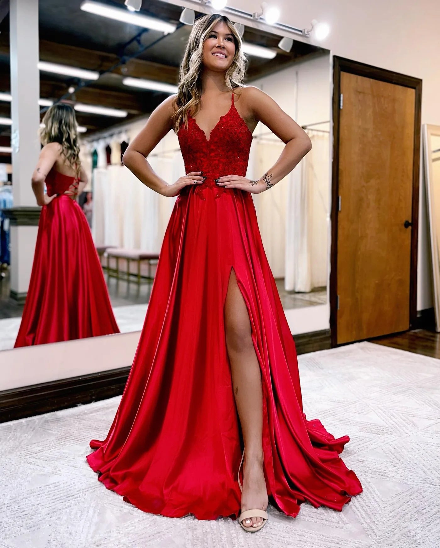 Elegant A-Line Red Lace Applique Formal Evening Gown with Spaghetti Straps & Corset Back - Perfect for Prom, Wedding Guest, and Black Tie Events