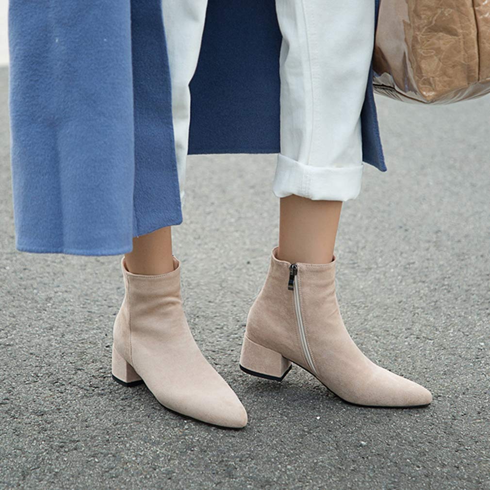 GIY Women's Pointed Toe Ankle Boots - Stretch Vegan Suede Zipper Booties with Mid Block Heel - Comfortable Riding Short Boots for Fall & Winter | Perfect for Office, Date Night & Casual Outfits