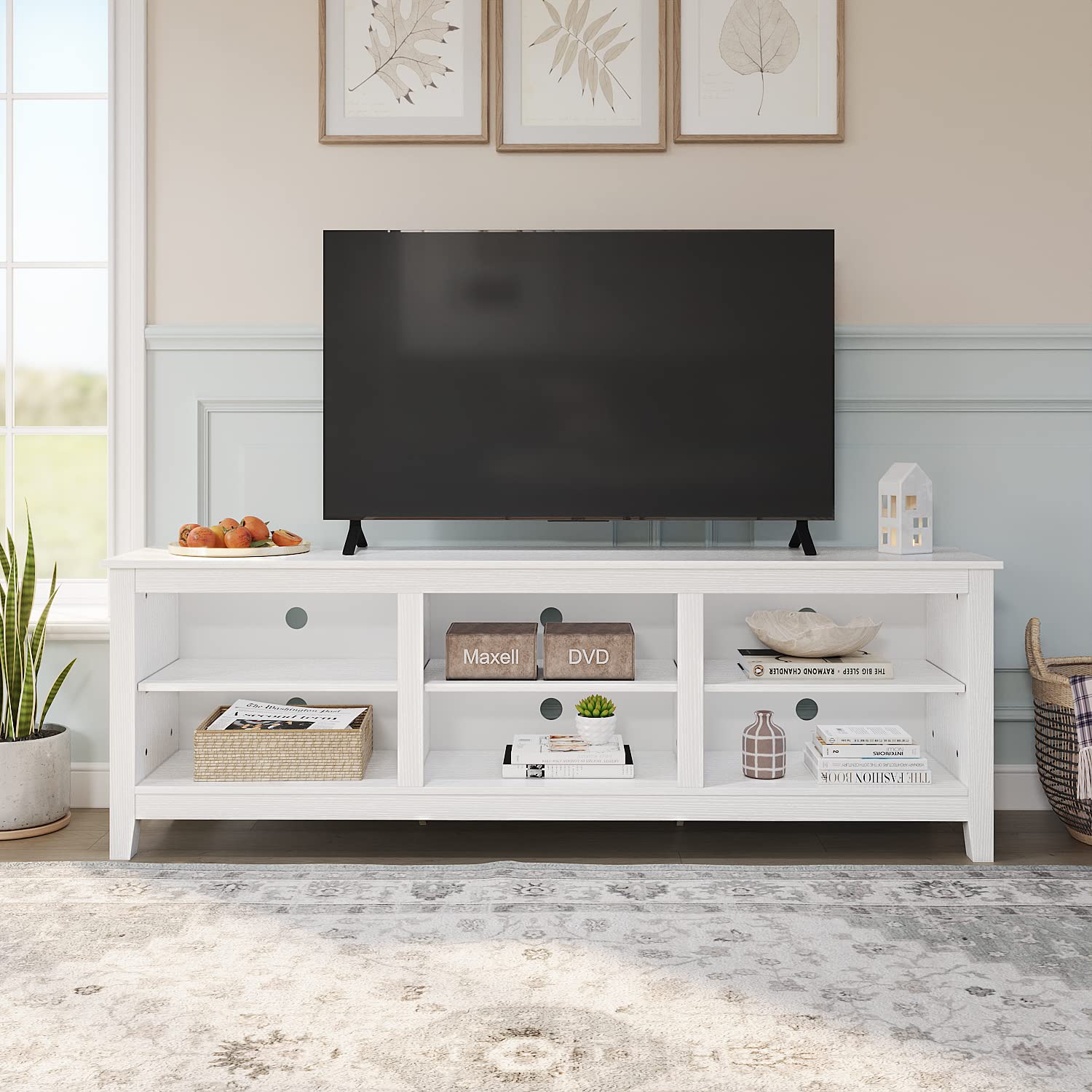 75 Inch TV Stand with 6 Storage Cubby - Modern Entertainment Center Media Console for Living Room & Bedroom - White TV Table for Flat Screen TVs (Perfect for Movie Nights & Family Gatherings)