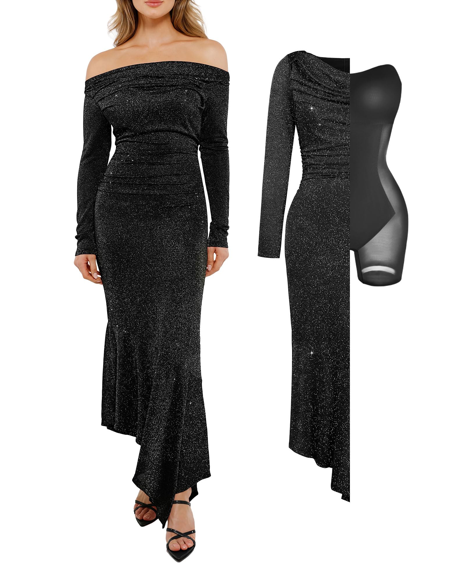 Sparkly Long Sleeve Off-Shoulder Bodycon Dress for Women | Cocktail & Party Mermaid Dress with Built-In Shapewear | Perfect for Evening Events, Date Nights & Special Occasions
