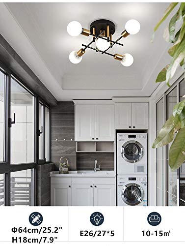 Modern Ceiling Chandelier Lighting - Contemporary Rustic Semi Flush Mount Ceiling Lamp - Minimalist Industrial Light Fixtures for Living Room, Bedroom, Dining Room - Black 5-Light Interior Decor
