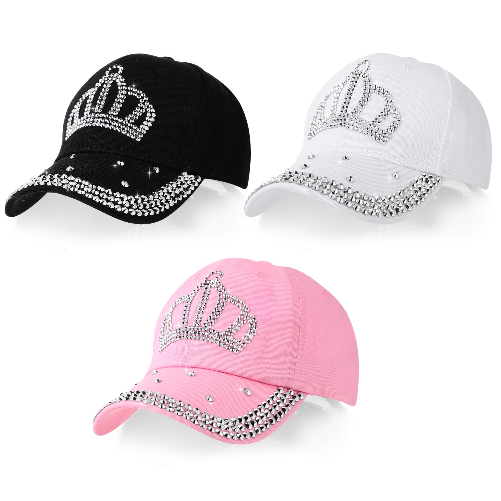 Jeyiour 3 Pack Rhinestone Baseball Caps for Women - Adjustable Bling Crown Hats with Jeweled Denim Design - Perfect for Golf, Cowboy Balls, Sun Protection & Costume Accessories | Stylish Cotton Hats for Everyday Wear